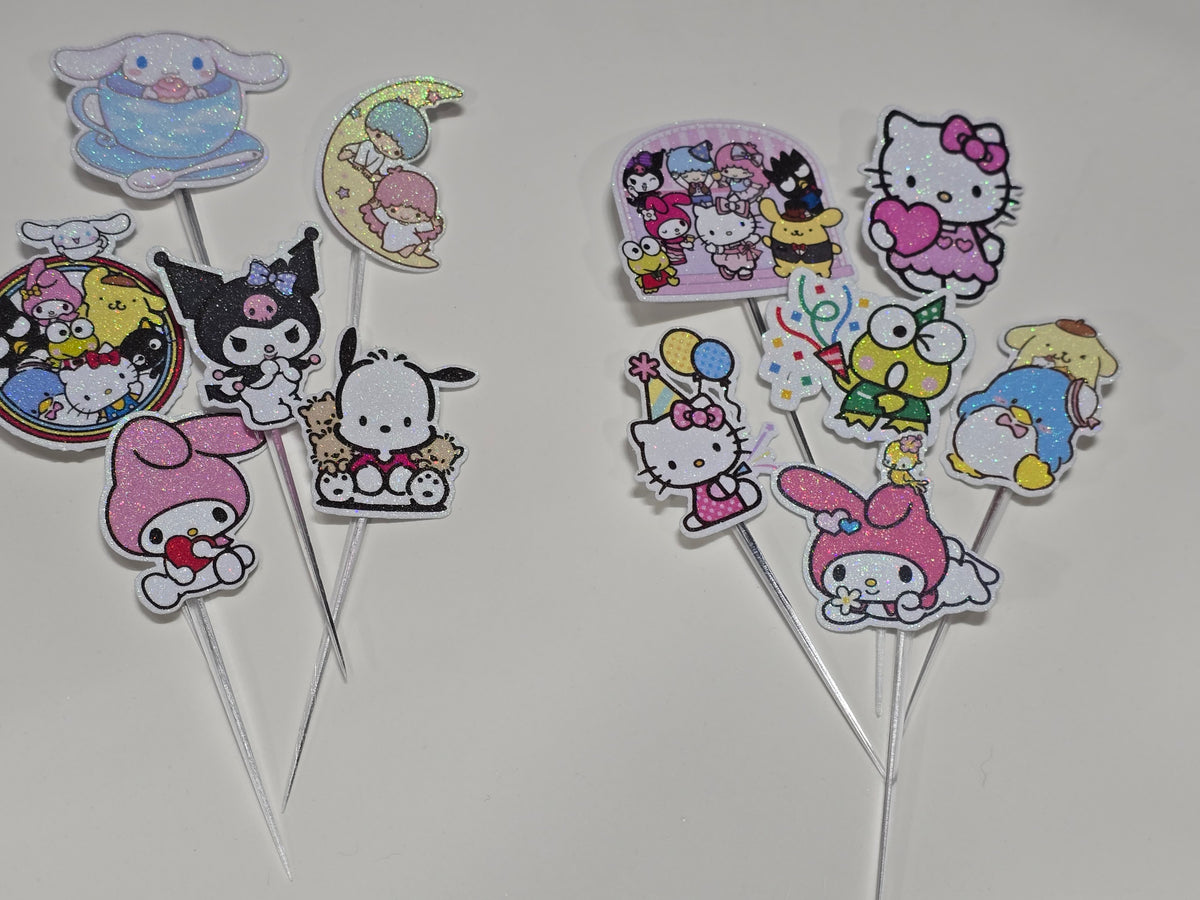 24 adornos brillantes para cupcakes. 12 diseños de Sanrio. Decoración de comida y palillos para fiestas.