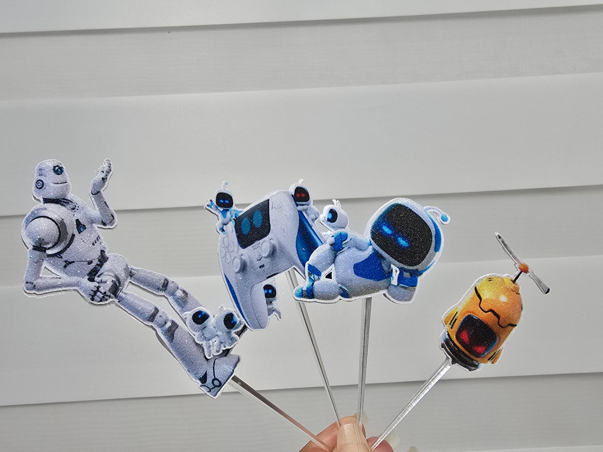 24 adornos brillantes para cupcakes. 12 diseños de astrobots. Decoración de comida y palillos para fiestas.