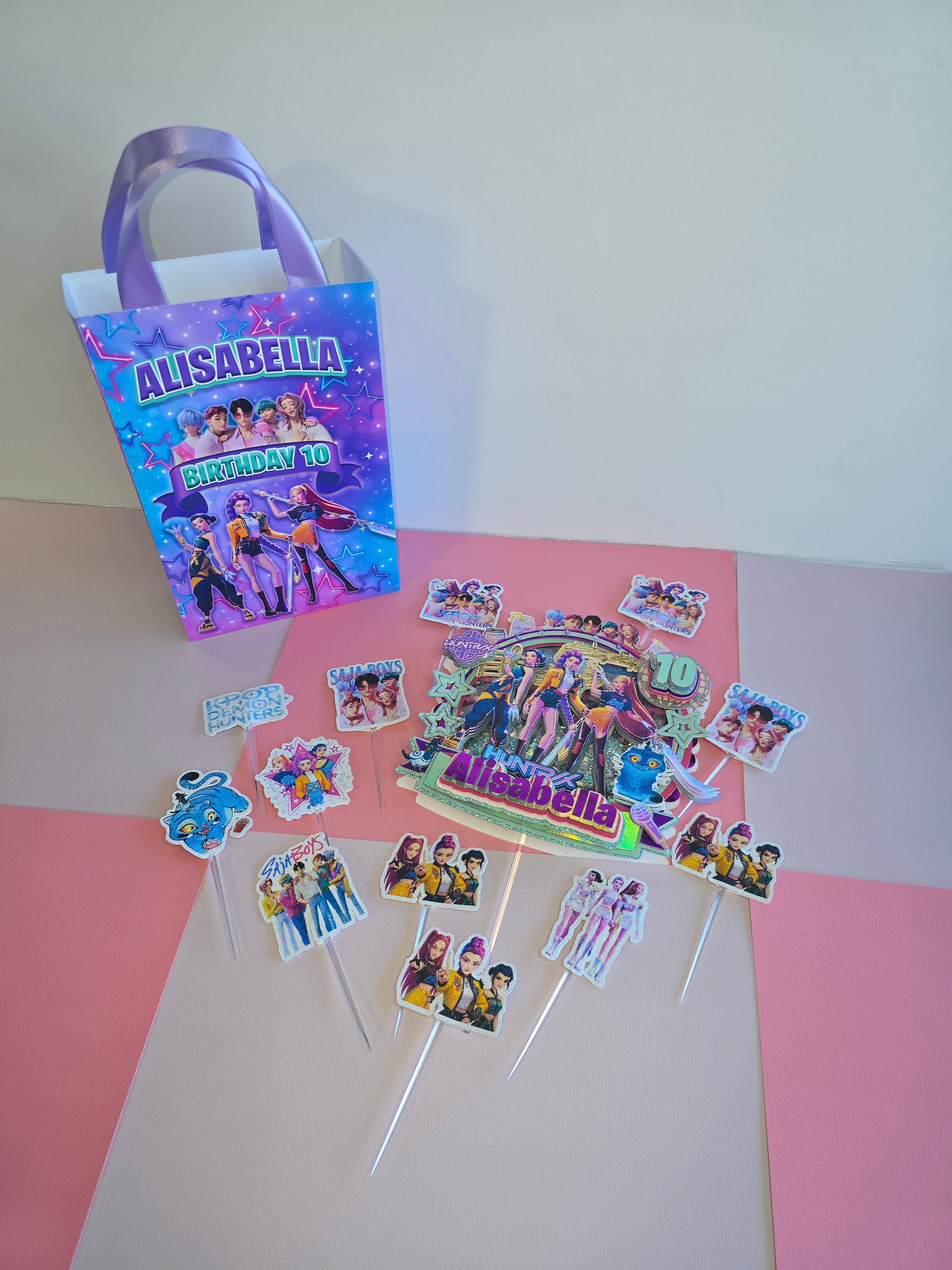 12 pcs Personalized Birthday Gift Bags with Name and Age – Bags with Ribbon Handles- 8.5"x5.5 k Pop