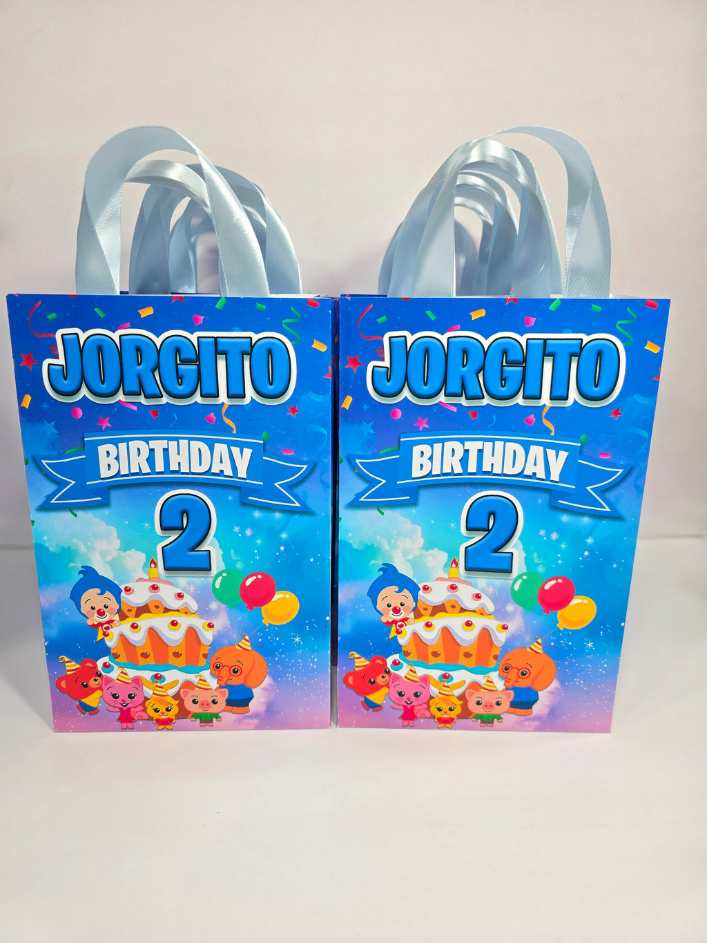 12 bolsas de regalo de cumpleaños personalizadas con nombre y edad. Bolsas con asas de cinta. 21,5 x 14 cm (Plim plim).