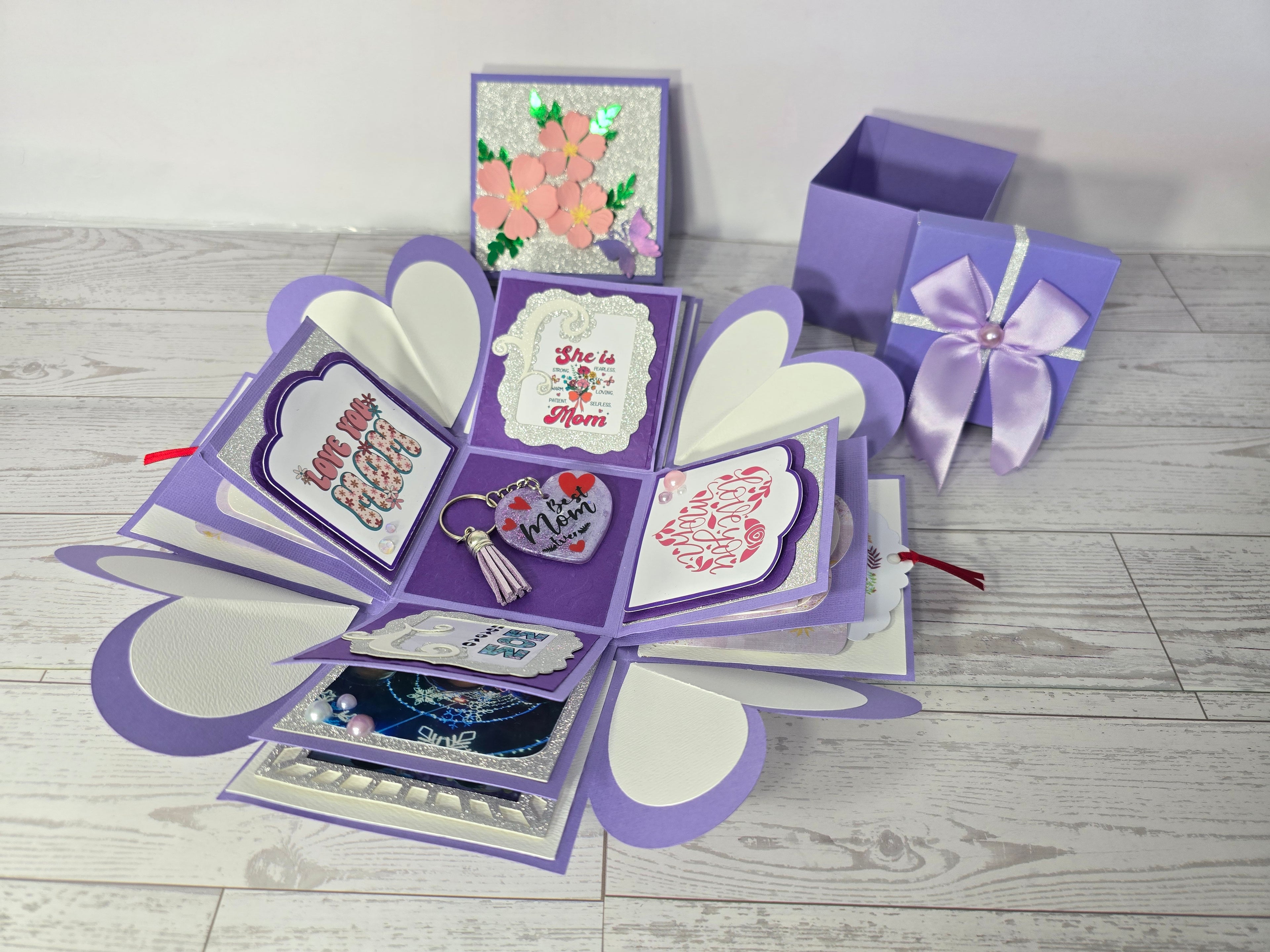 Personalized Exploding Box with Photos and Custom Text, Surprise Gift Box for Mom, Photo Memory Box with Inner Gift Box & Keychain.