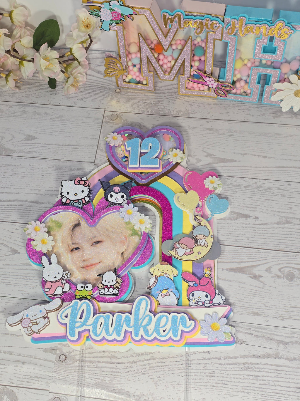 Personalized 3D Stray Kids x Sanrio Cake Topper – Glitter with Name & Age