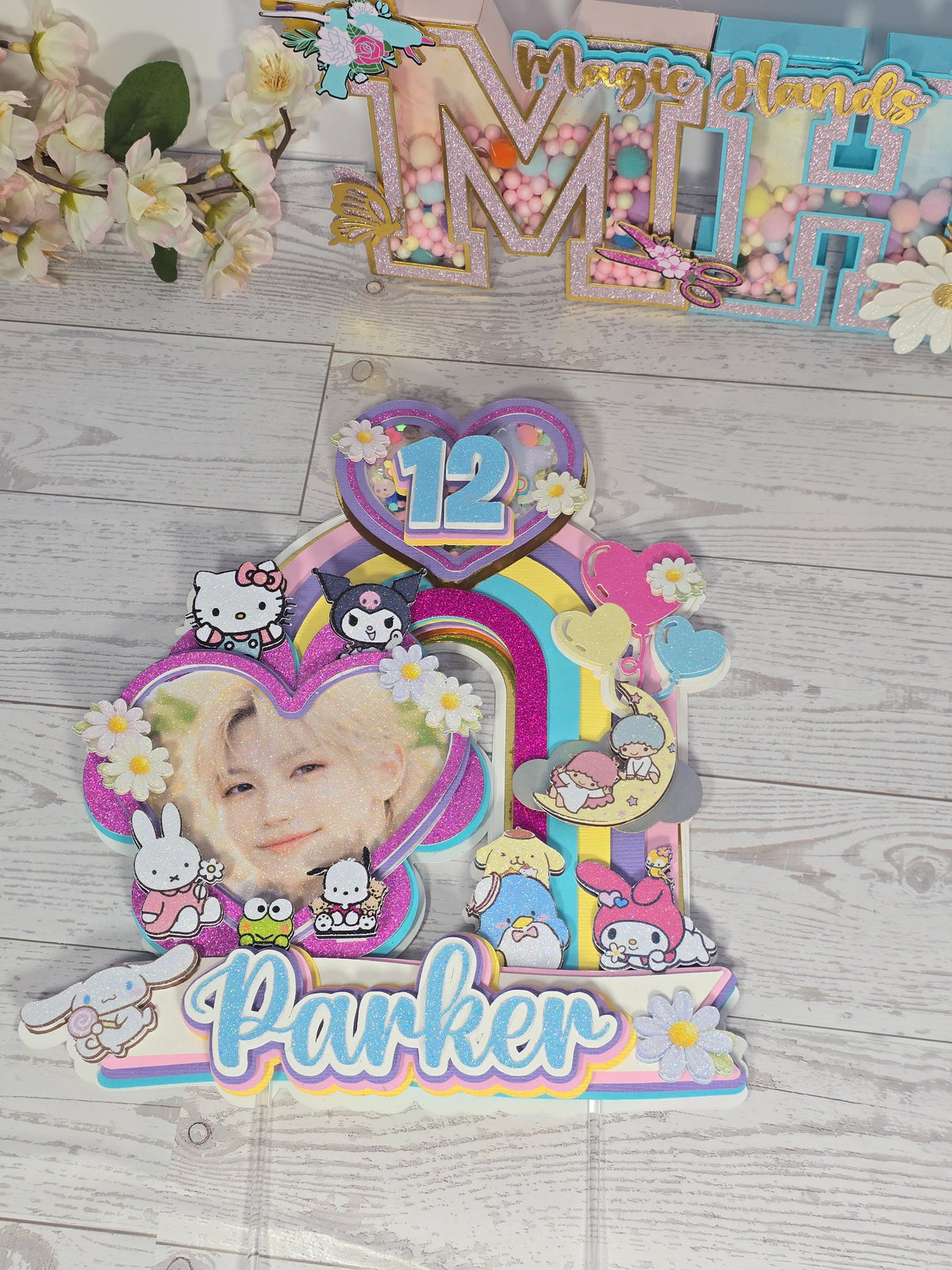 Personalized 3D Stray Kids x Sanrio Cake Topper – Glitter with Name & Age