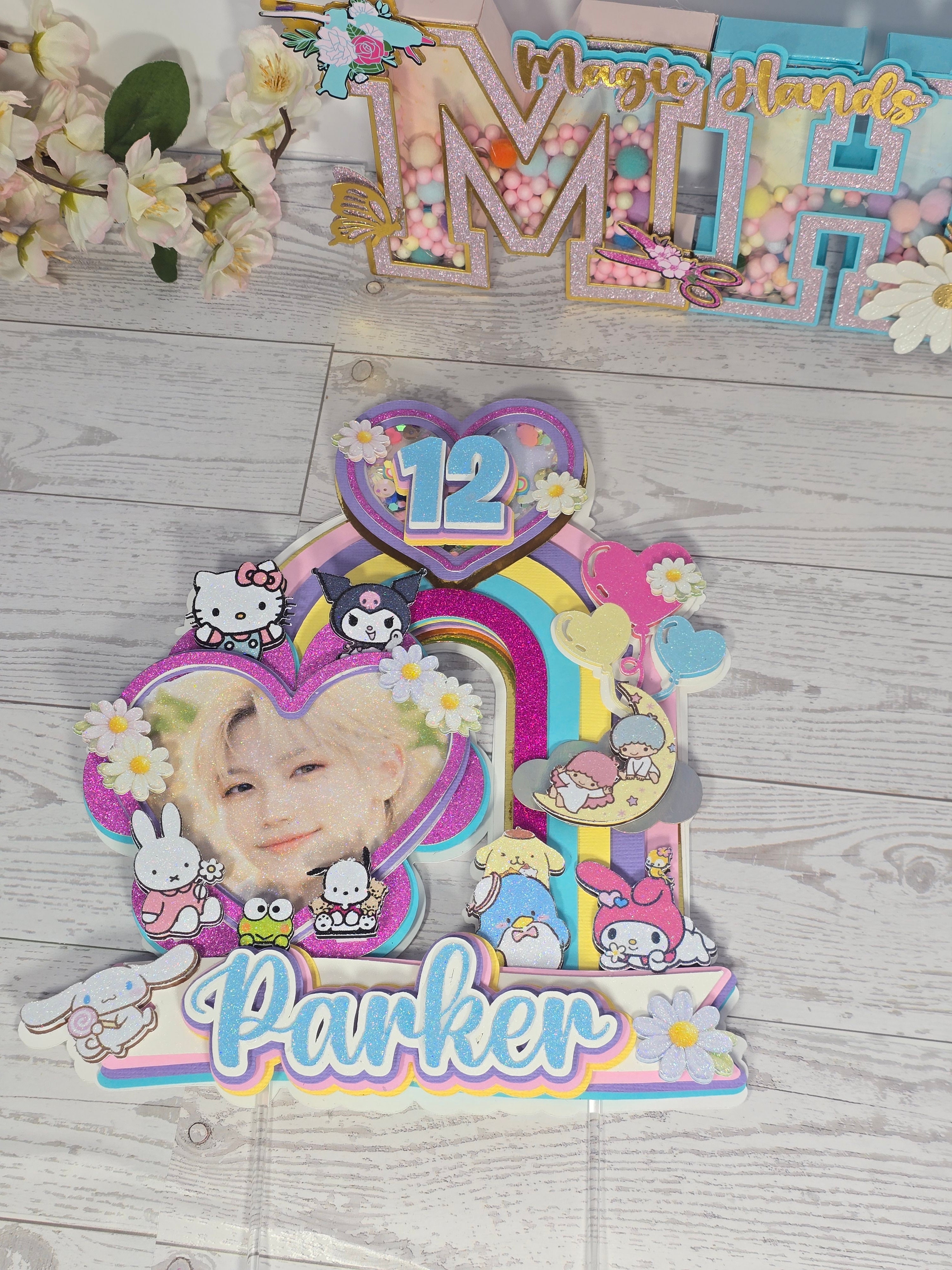 Personalized 3D Stray Kids x Sanrio Cake Topper – Glitter with Name & Age