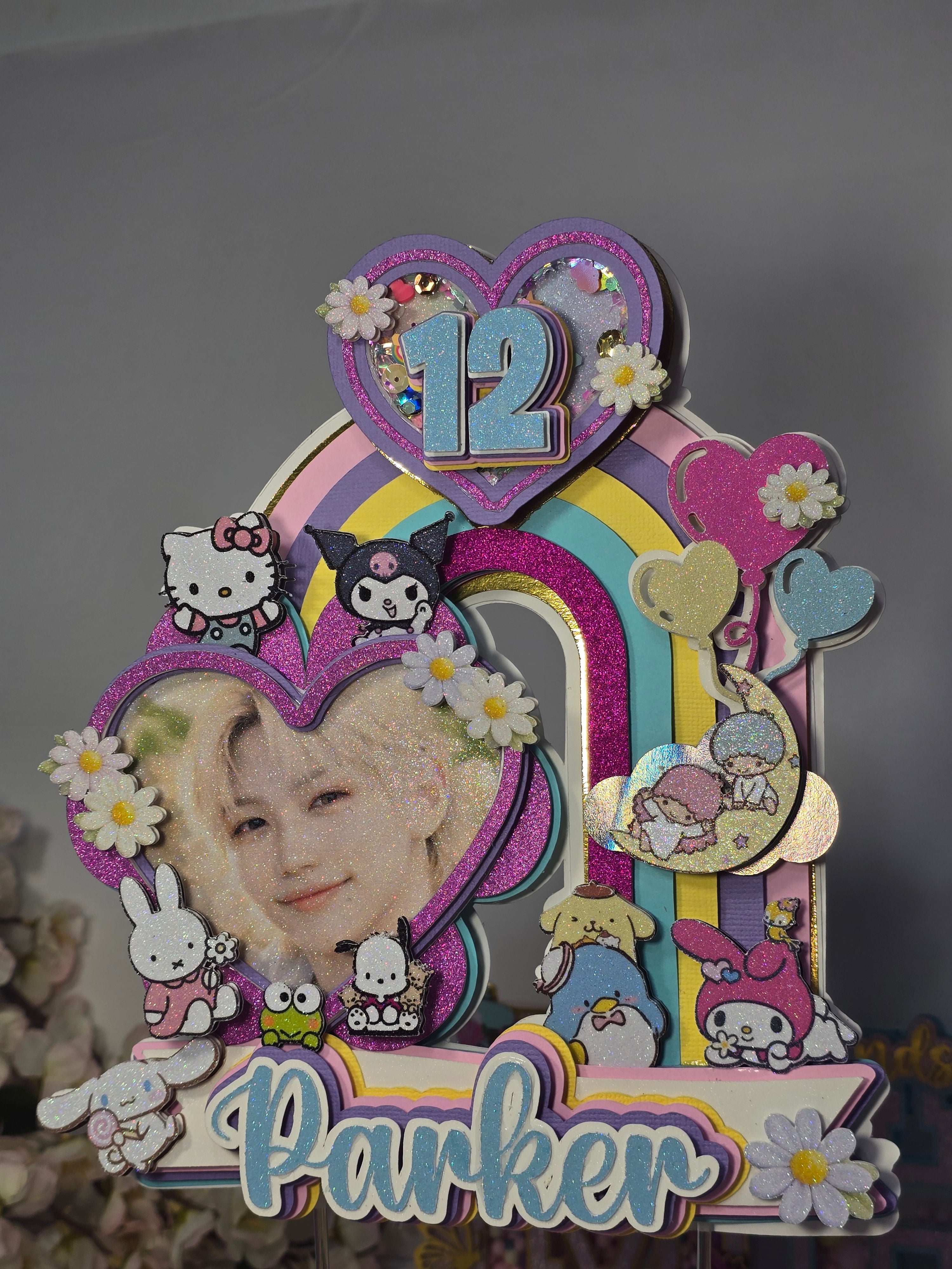 Personalized 3D Stray Kids x Sanrio Cake Topper – Glitter with Name & Age