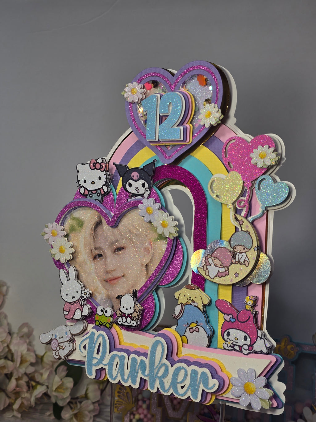 Personalized 3D Stray Kids x Sanrio Cake Topper – Glitter with Name & Age