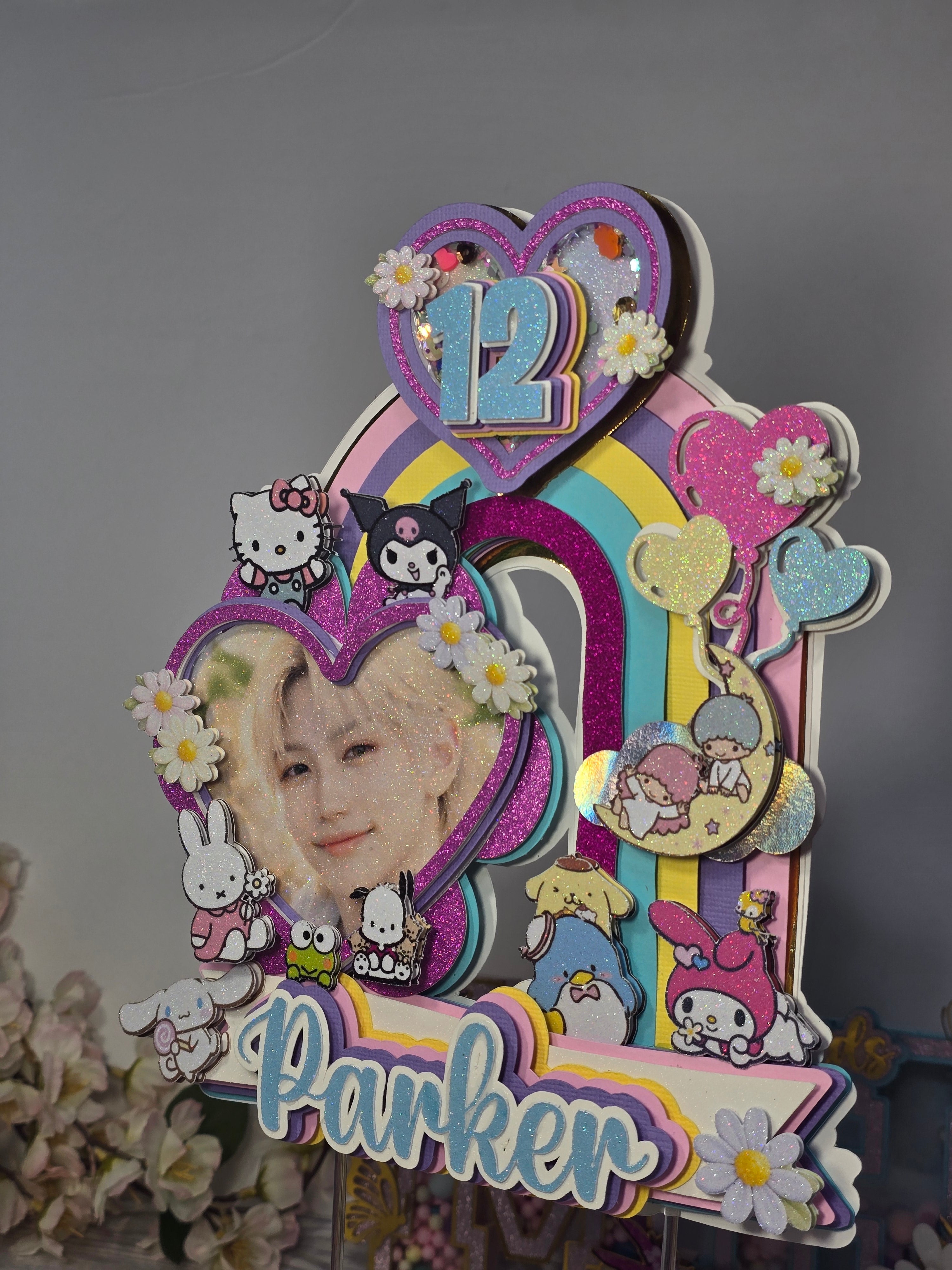 Personalized 3D Stray Kids x Sanrio Cake Topper – Glitter with Name & Age