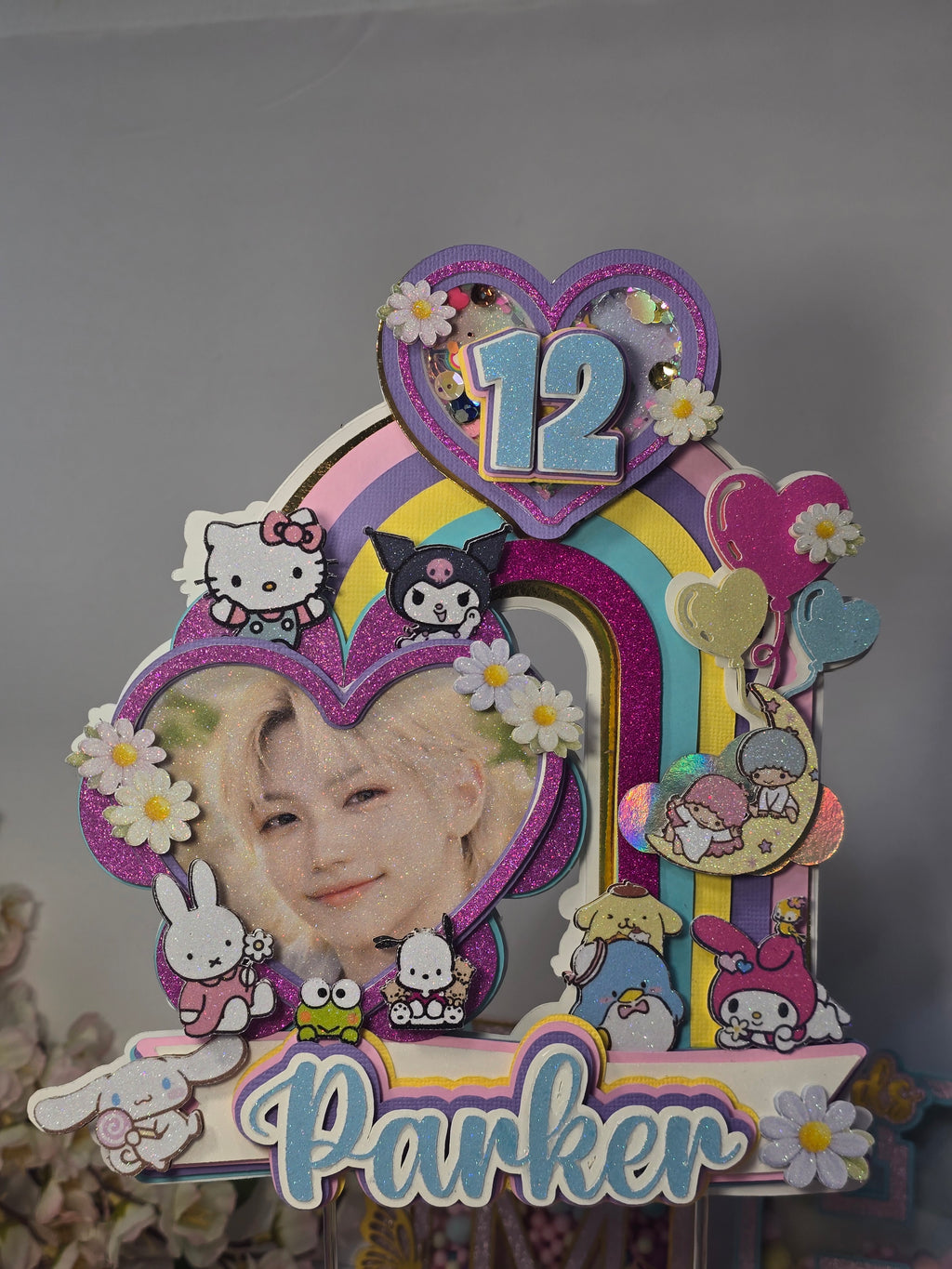 Personalized 3D Stray Kids x Sanrio Cake Topper – Glitter with Name & Age