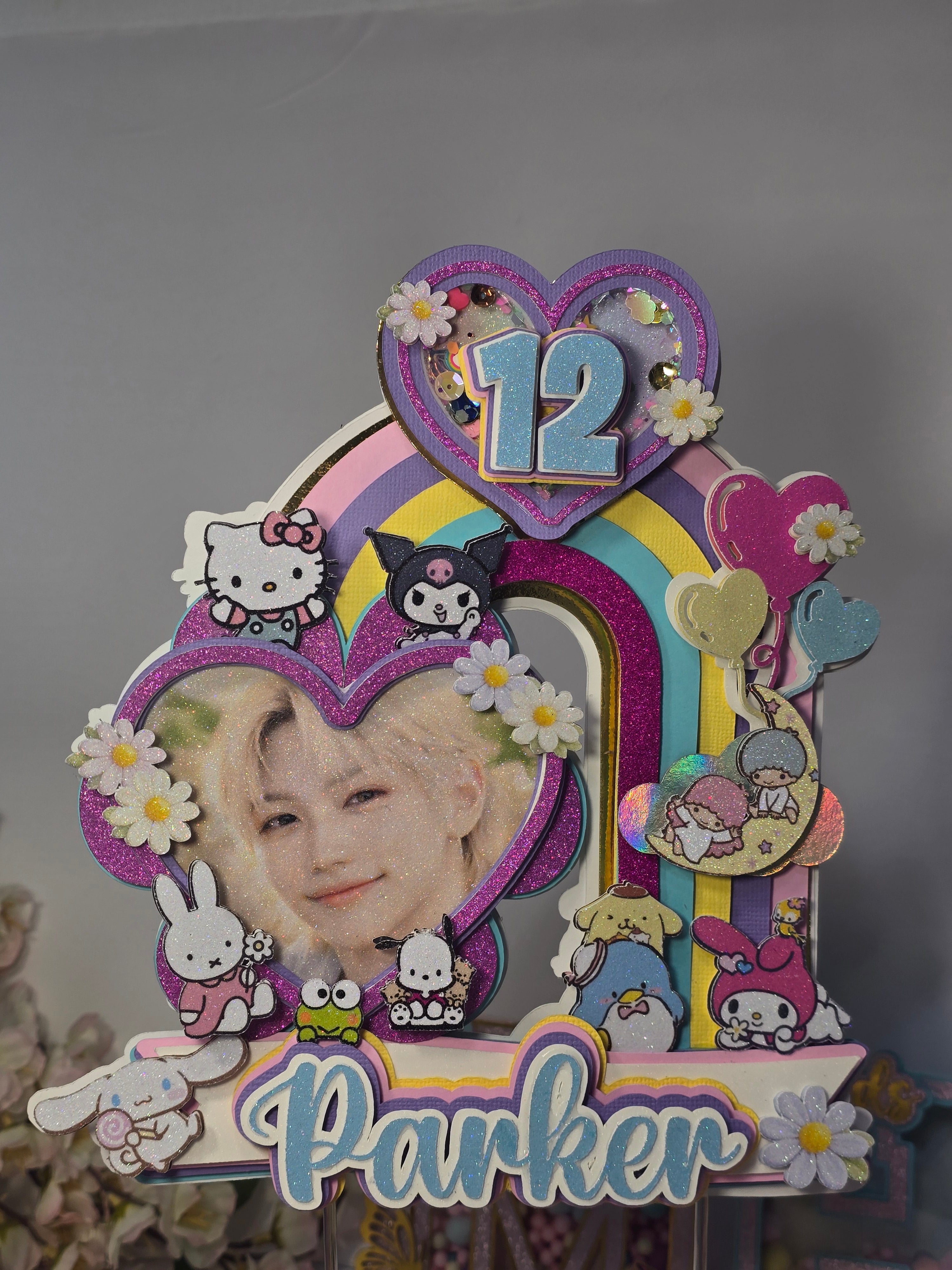 Personalized 3D Stray Kids x Sanrio Cake Topper – Glitter with Name & Age