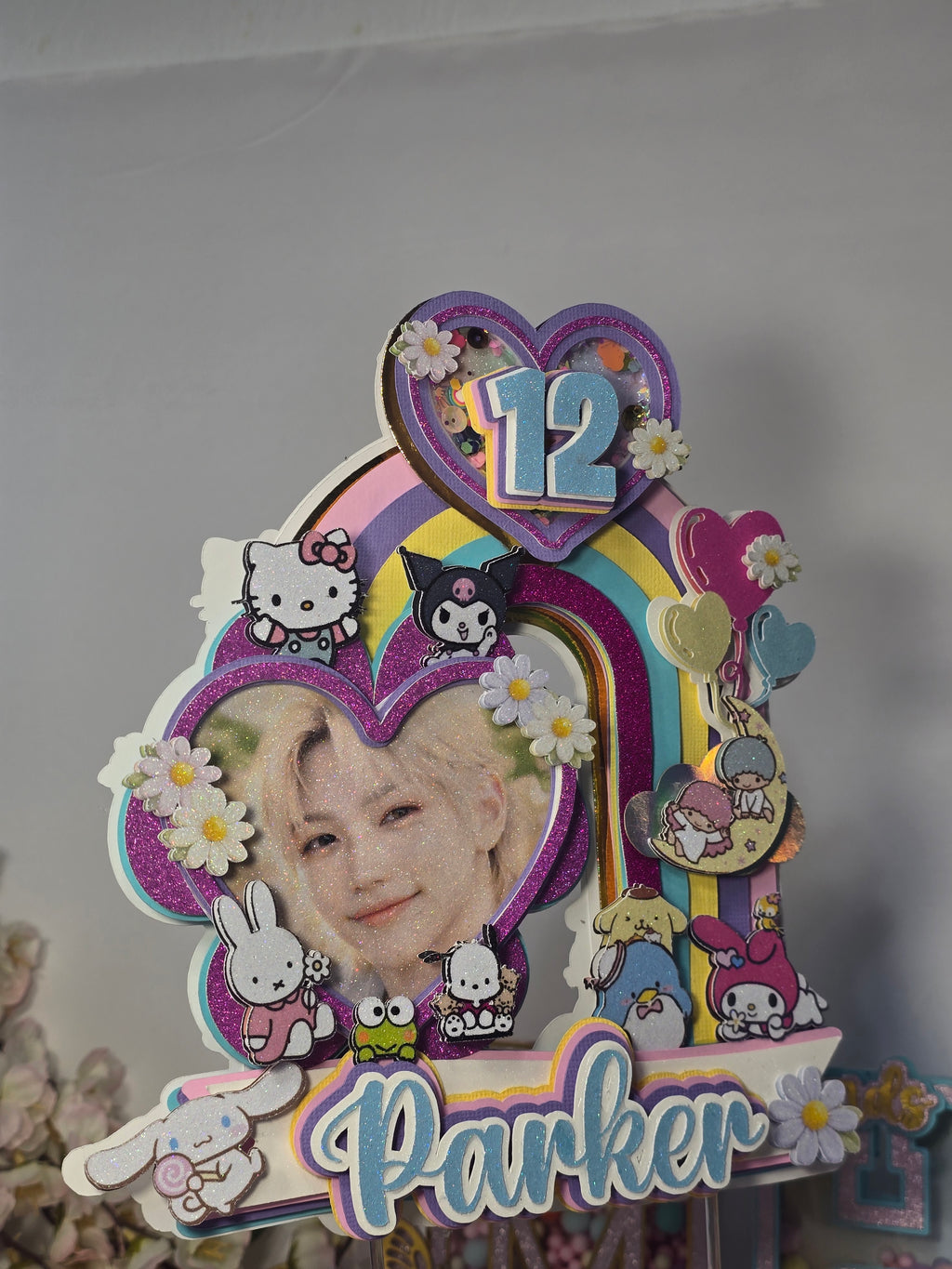 Personalized 3D Stray Kids x Sanrio Cake Topper – Glitter with Name & Age