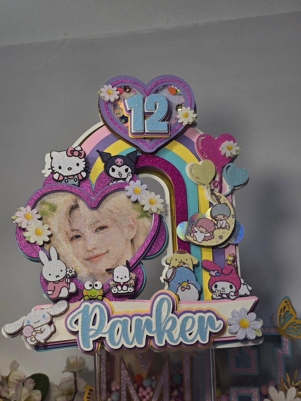 Personalized 3D Stray Kids x Sanrio Cake Topper – Glitter with Name & Age