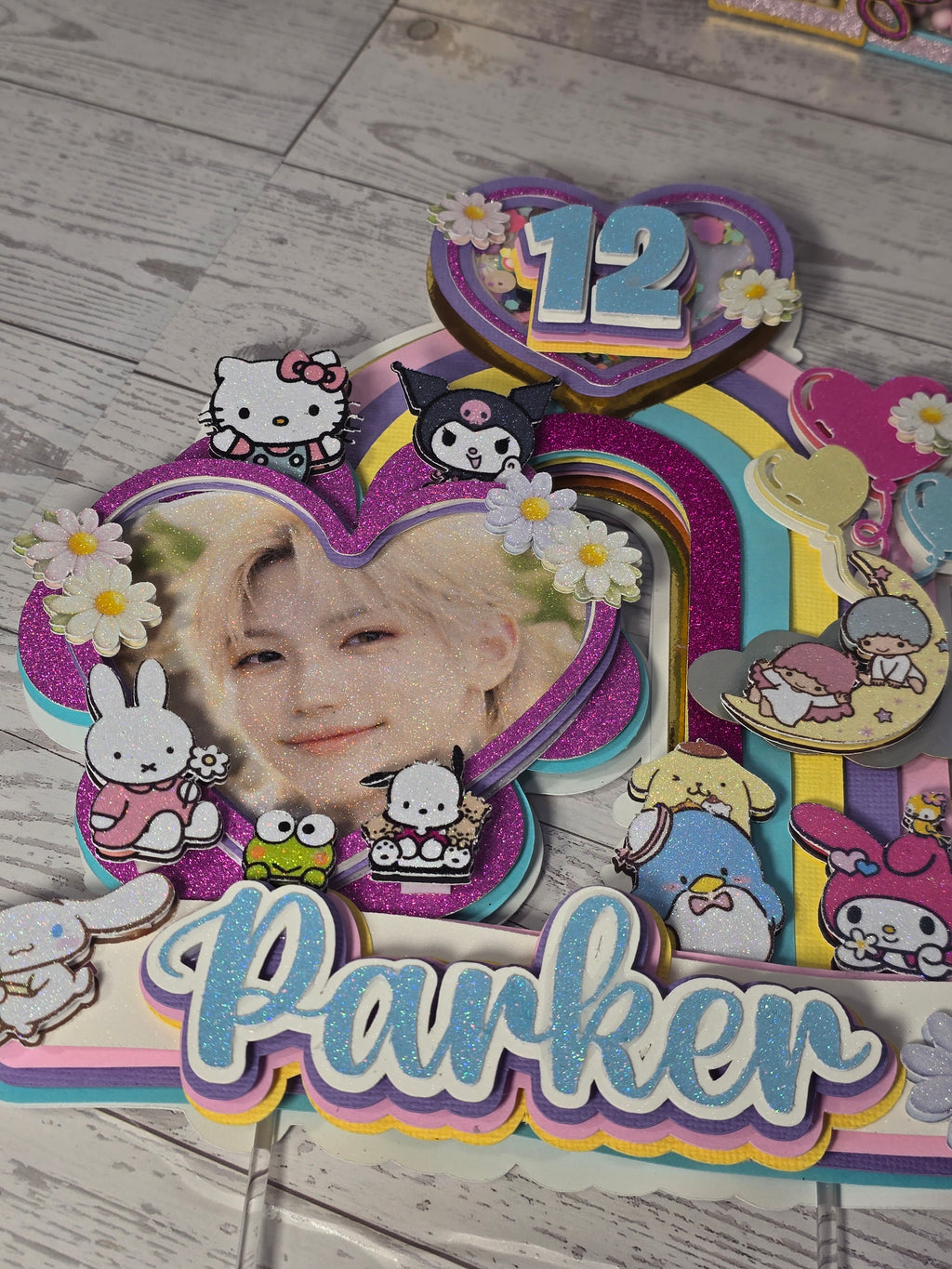 Personalized 3D Stray Kids x Sanrio Cake Topper – Glitter with Name & Age