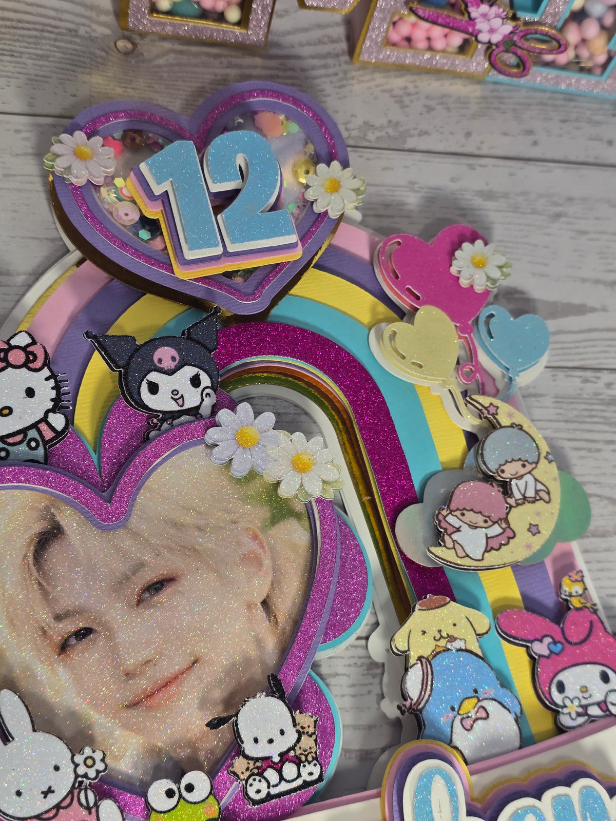 Personalized 3D Stray Kids x Sanrio Cake Topper – Glitter with Name & Age