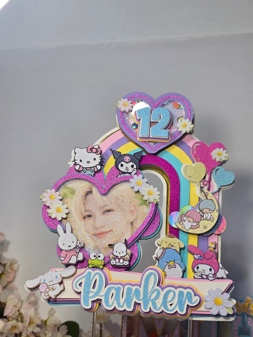 Personalized 3D Stray Kids x Sanrio Cake Topper – Glitter with Name & Age