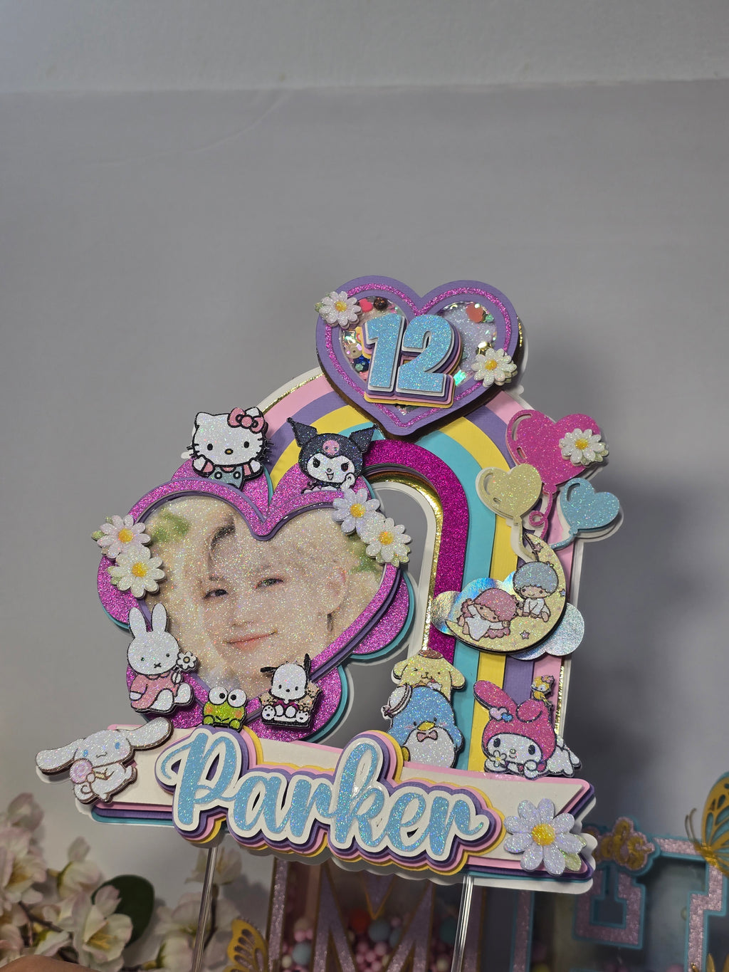 Personalized 3D Stray Kids x Sanrio Cake Topper – Glitter with Name & Age