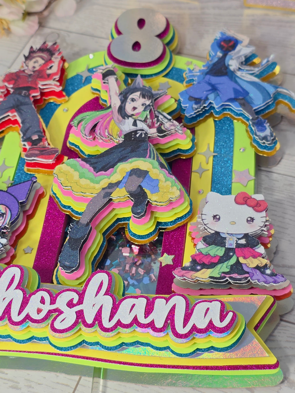 Personalized 3D Beyblade x Sanrio Cake Topper – Glitter with Name & Age