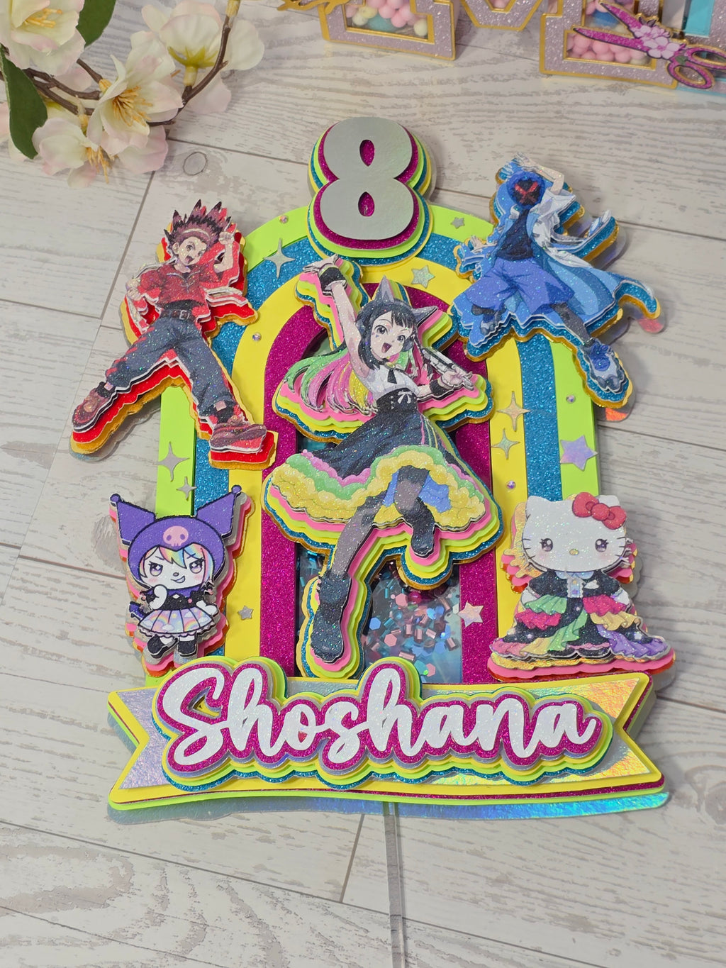 Personalized 3D Beyblade x Sanrio Cake Topper – Glitter with Name & Age