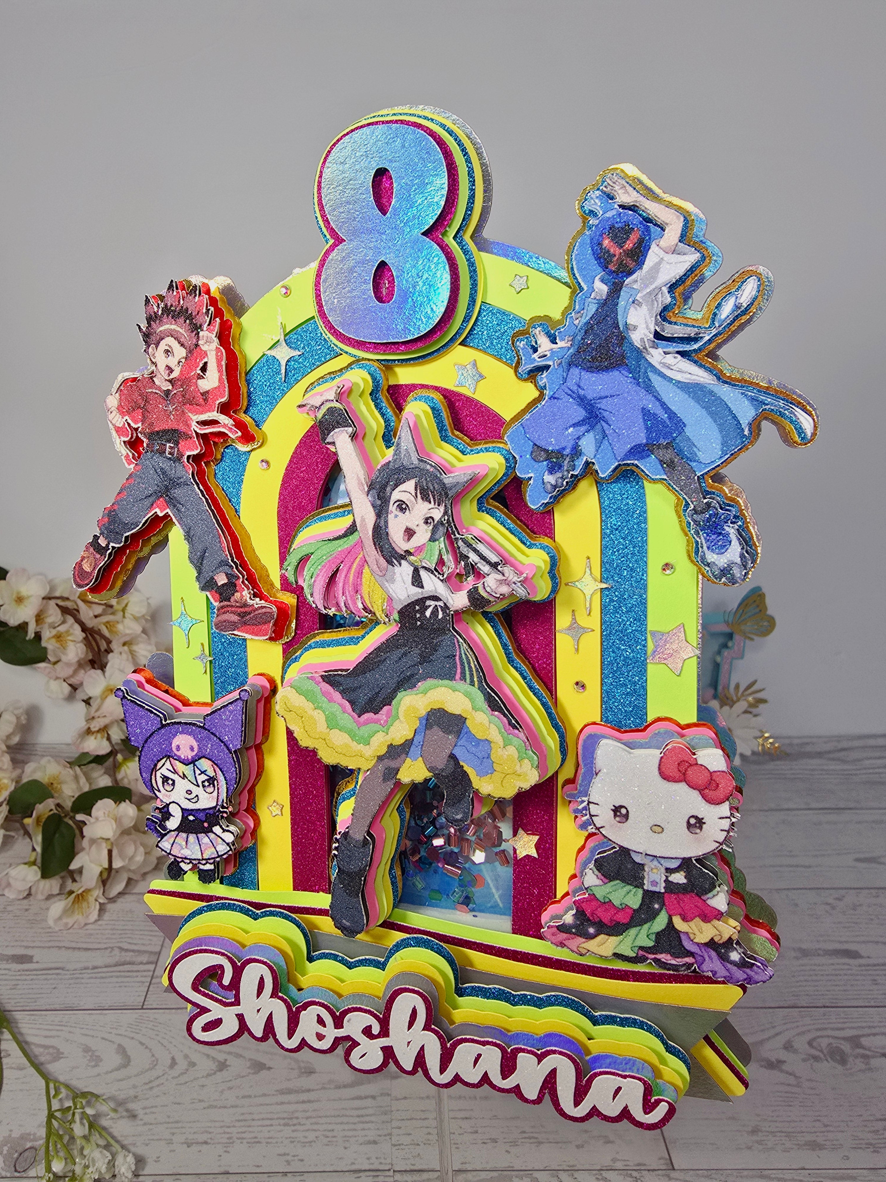 Personalized 3D Beyblade x Sanrio Cake Topper – Glitter with Name & Age