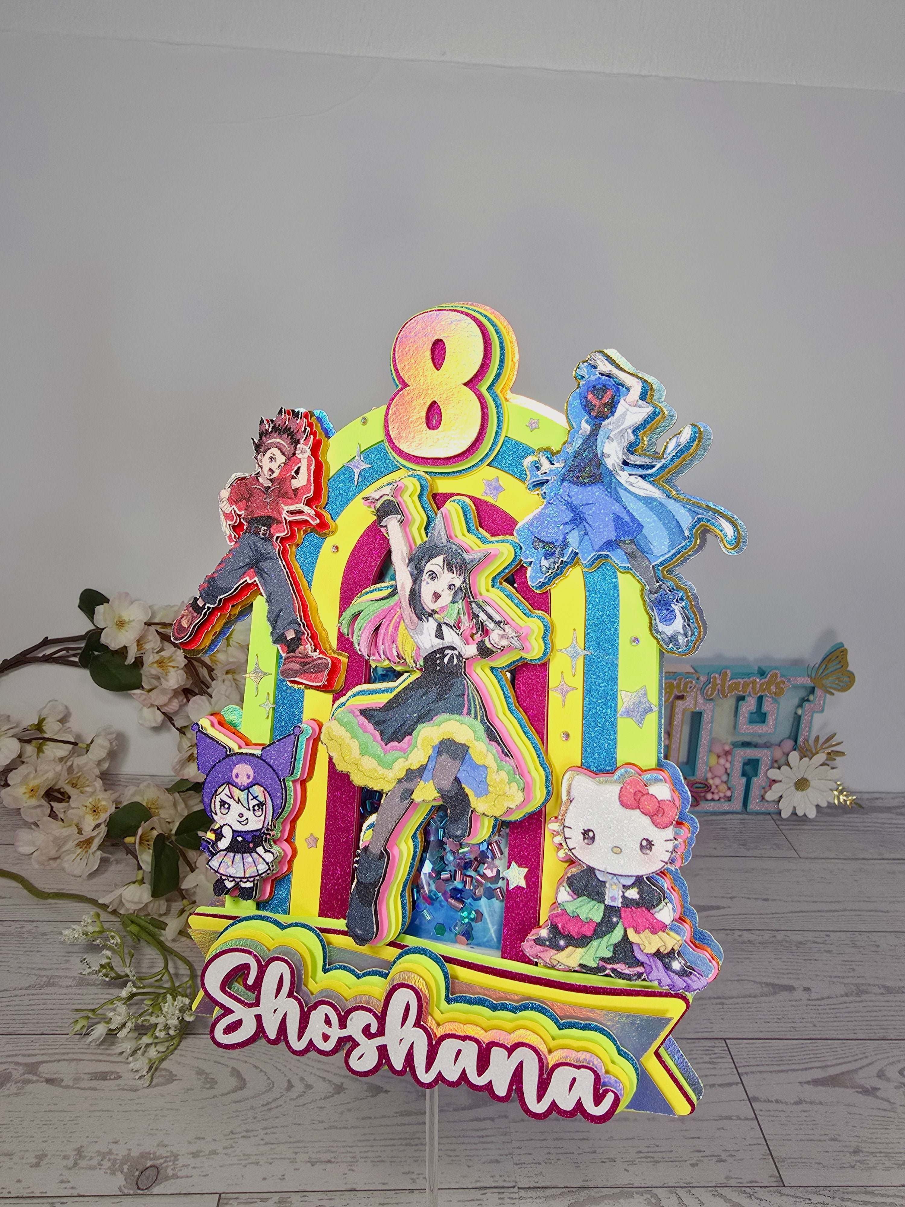 Personalized 3D Beyblade x Sanrio Cake Topper – Glitter with Name & Age