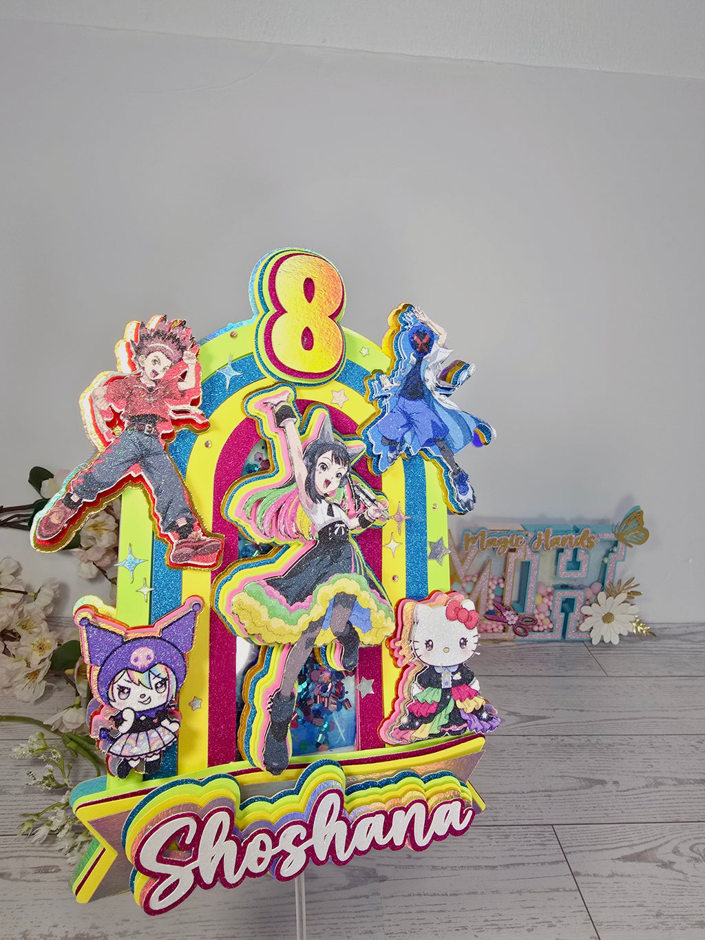 Personalized 3D Beyblade x Sanrio Cake Topper – Glitter with Name & Age