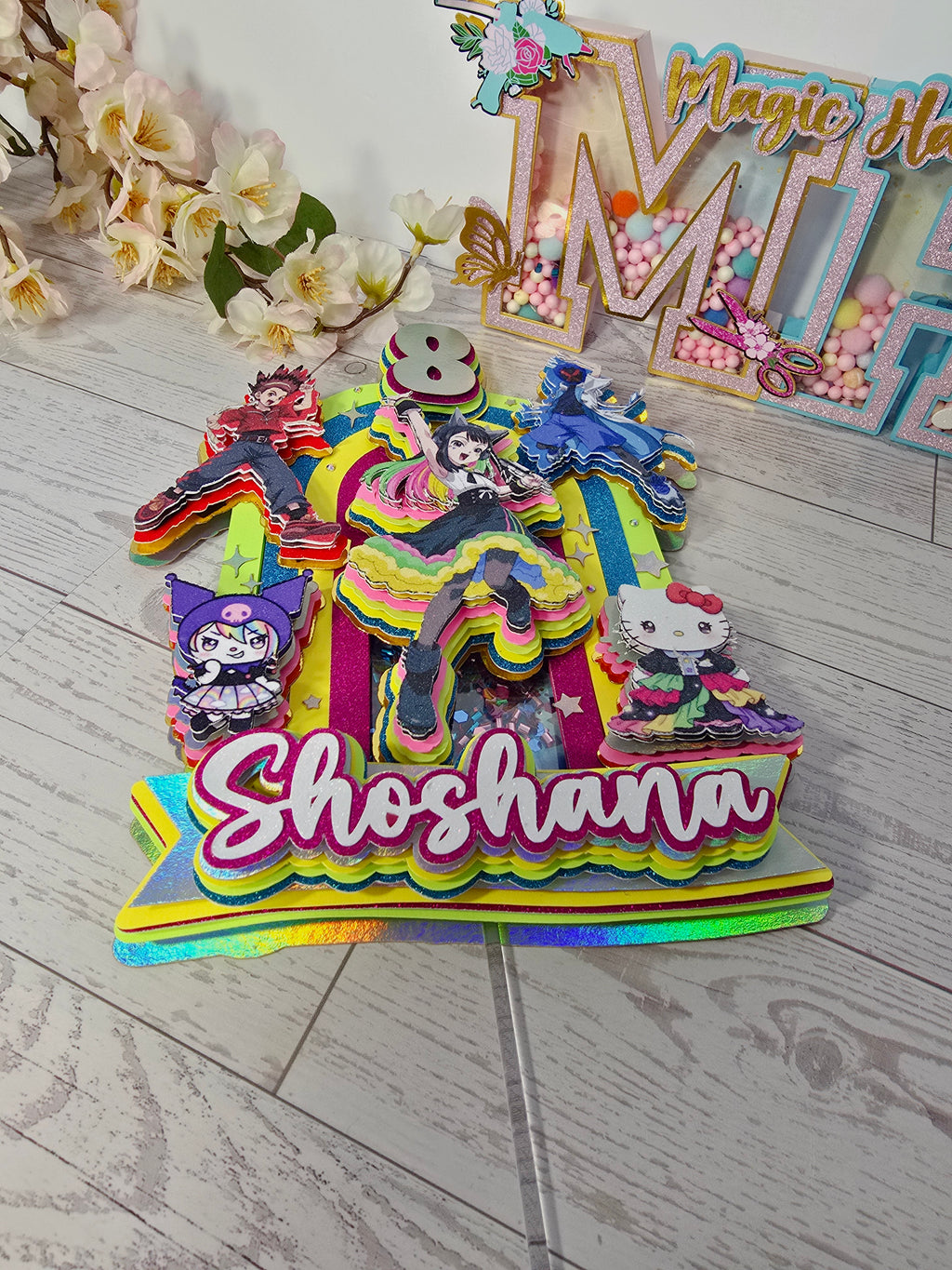 Personalized 3D Beyblade x Sanrio Cake Topper – Glitter with Name & Age