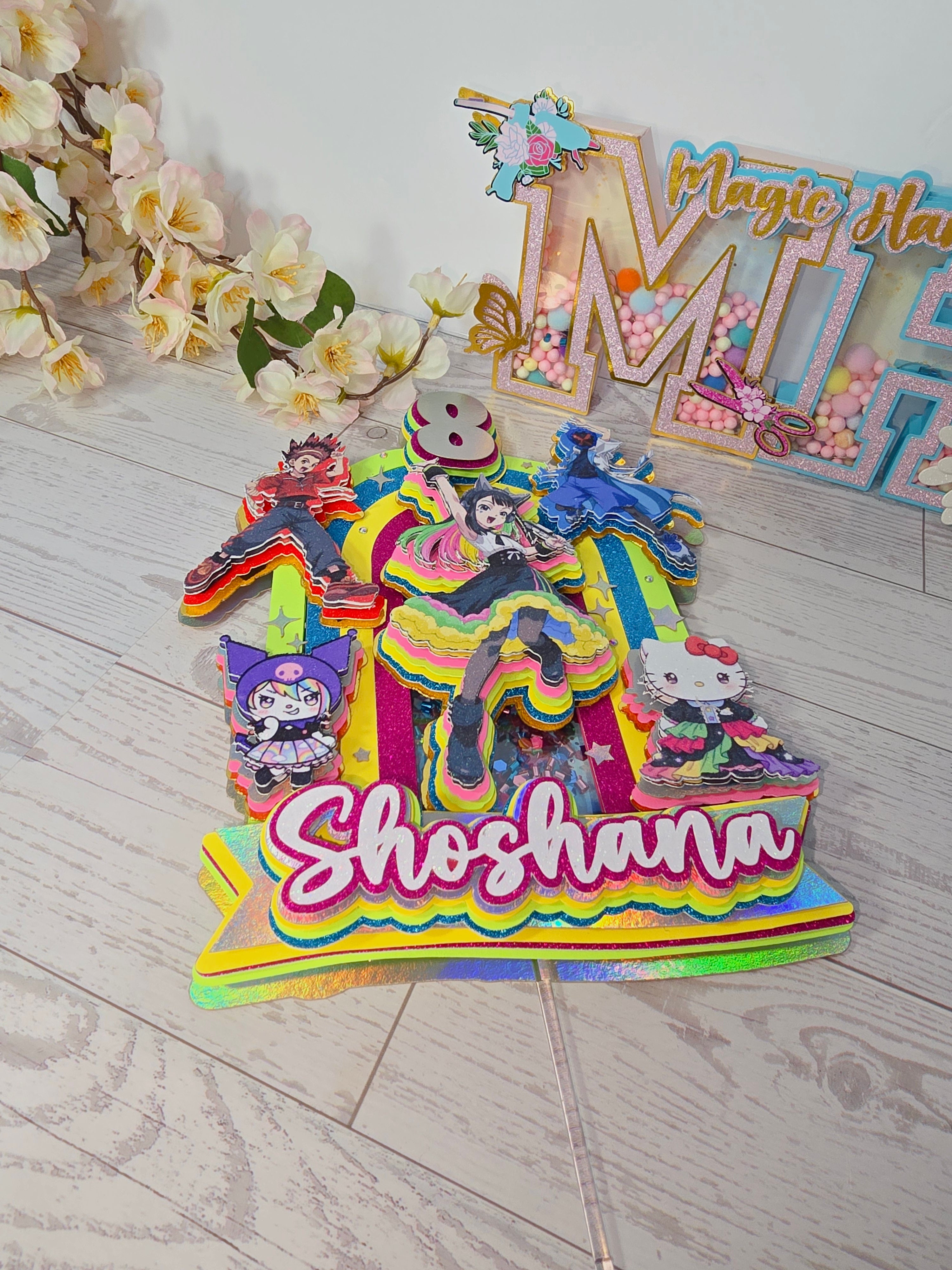 Personalized 3D Beyblade x Sanrio Cake Topper – Glitter with Name & Age