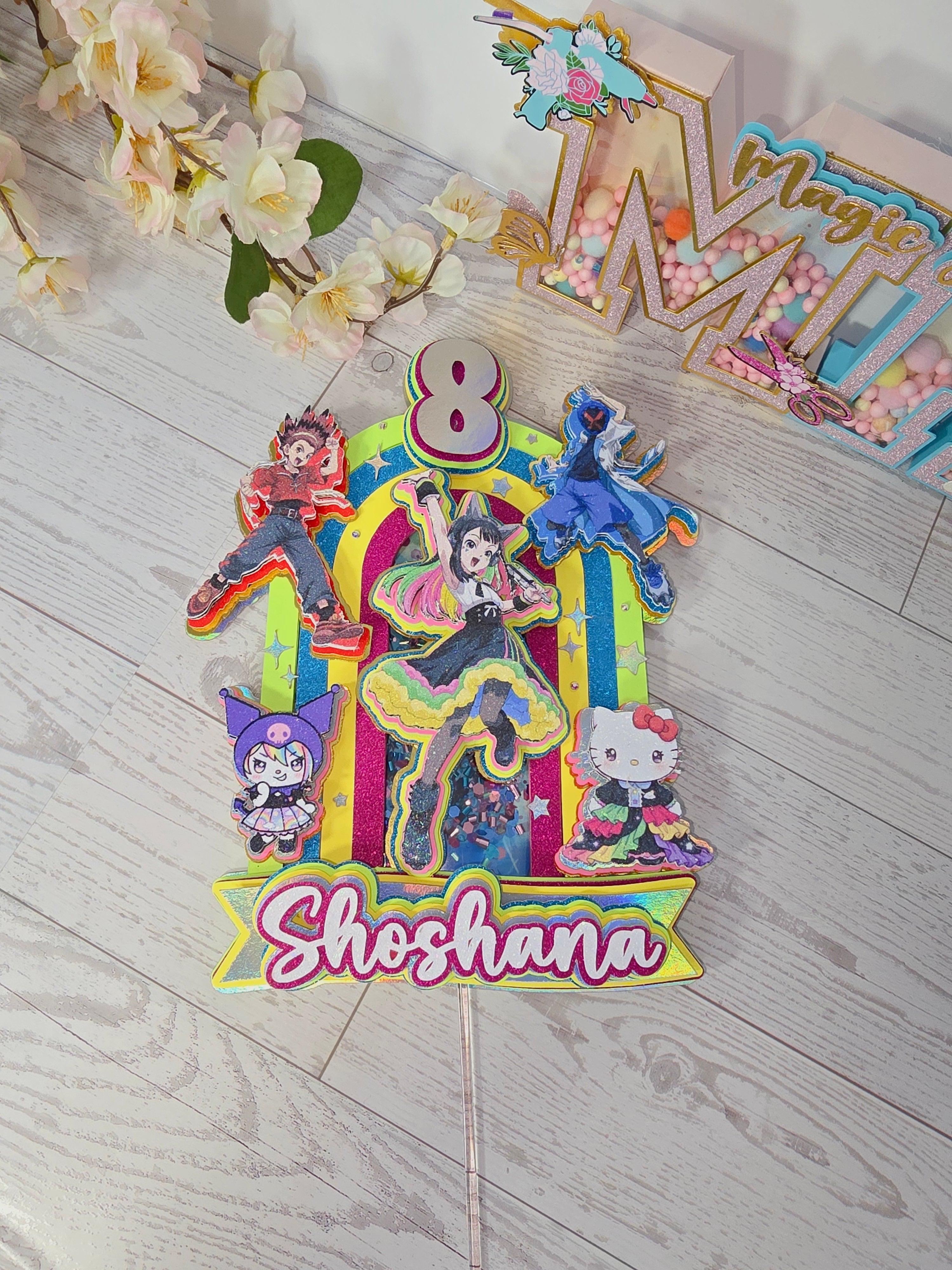 Personalized 3D Beyblade x Sanrio Cake Topper – Glitter with Name & Age