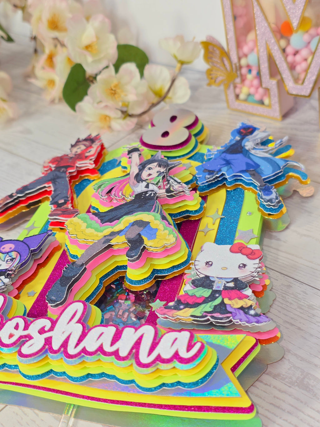 Personalized 3D Beyblade x Sanrio Cake Topper – Glitter with Name & Age