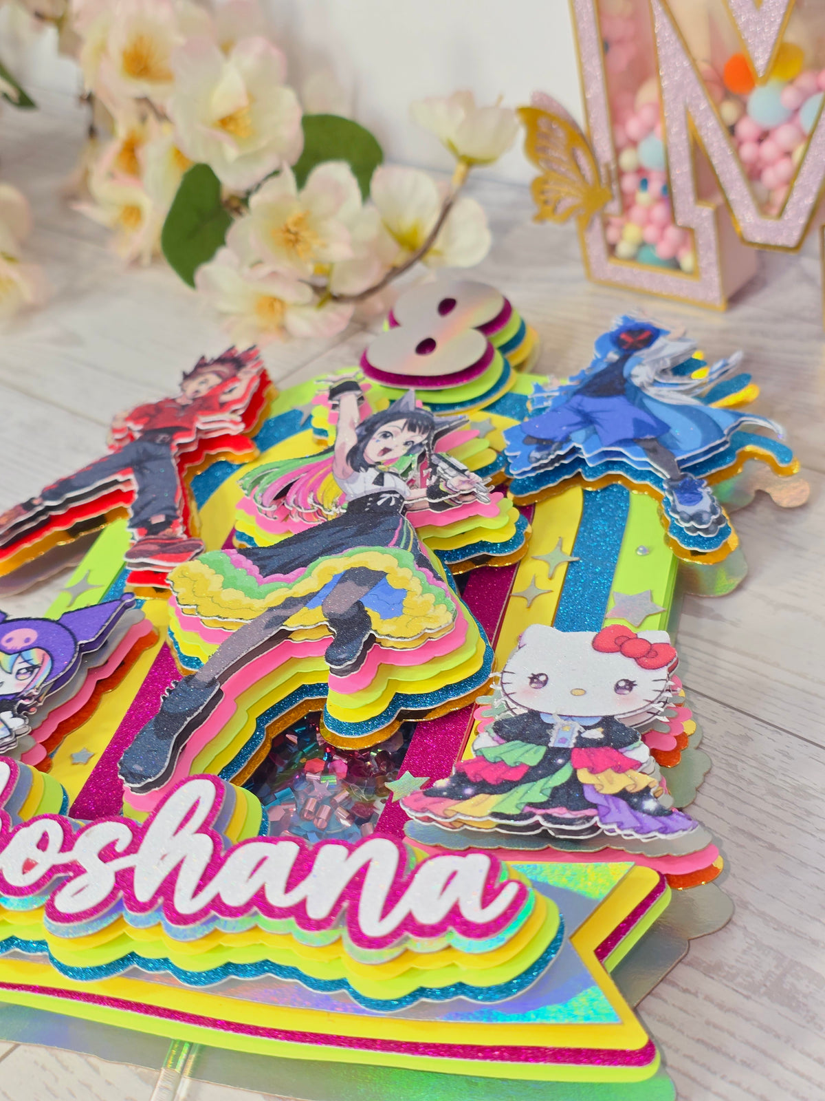 Personalized 3D Beyblade x Sanrio Cake Topper – Glitter with Name & Age
