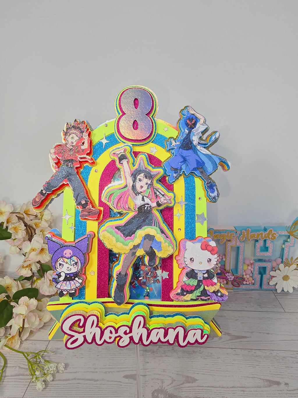 Personalized 3D Beyblade x Sanrio Cake Topper – Glitter with Name & Age