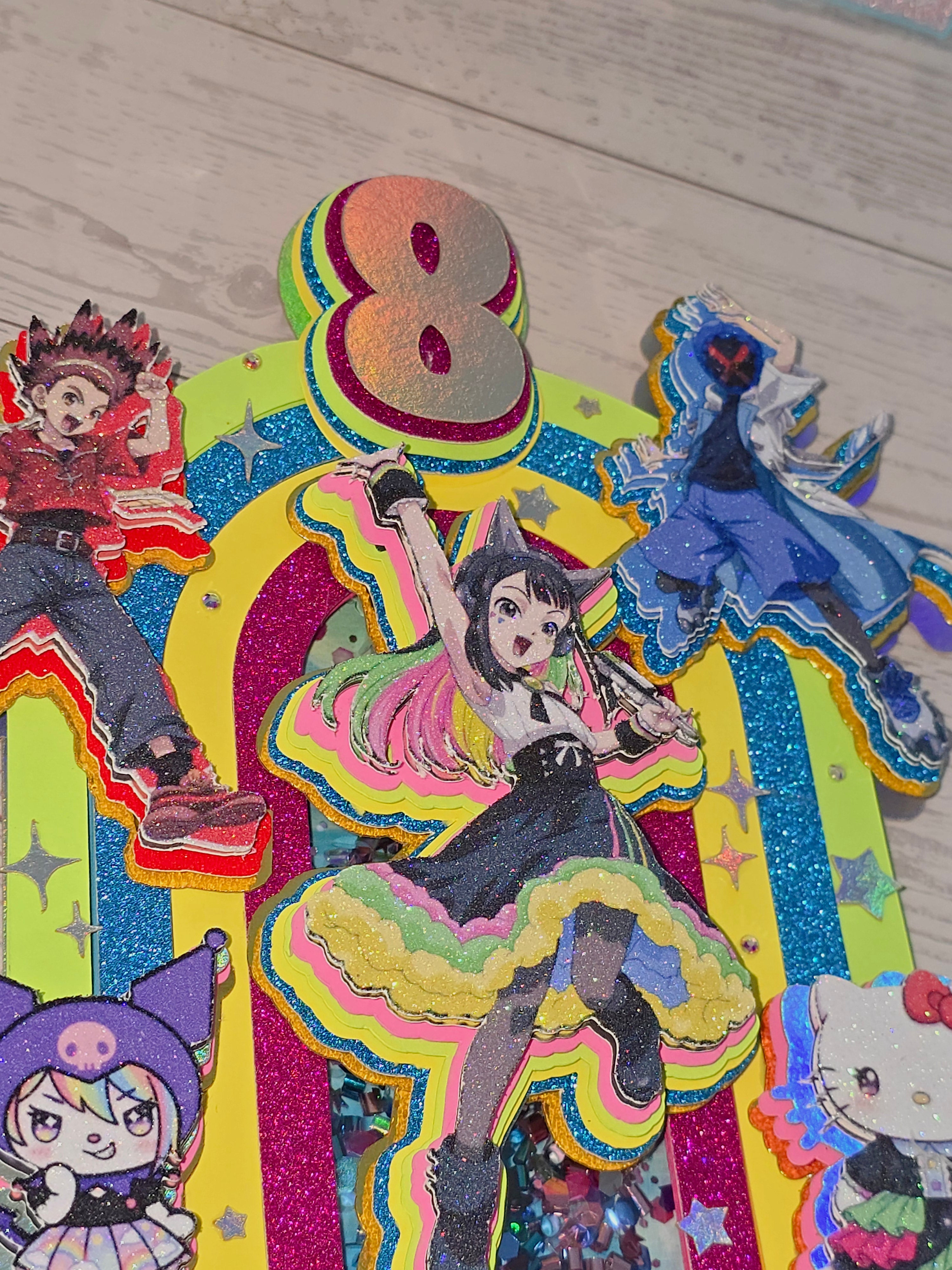 Personalized 3D Beyblade x Sanrio Cake Topper – Glitter with Name & Age