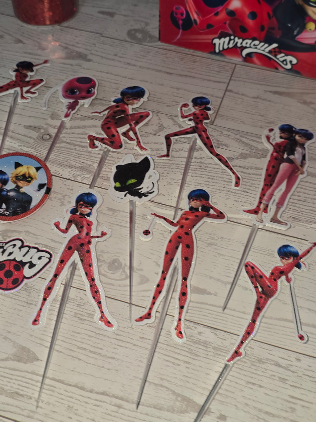 12 Pcs Glitter Ladybug Cupcake Toppers – Party Decoration Picks