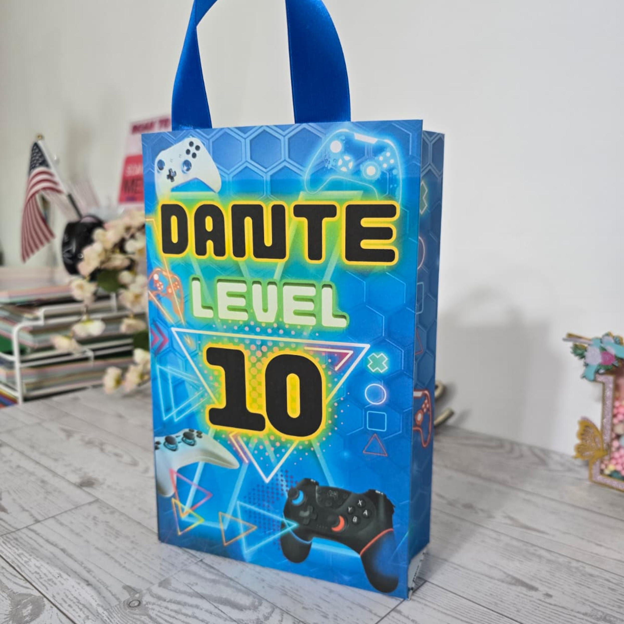 12 Personalized Gamer Birthday Gift Bags with Name & Age – 8.5"x5.5" Ribbon Handles