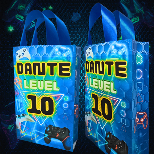 12 Personalized Gamer Birthday Gift Bags with Name & Age – 8.5"x5.5" Ribbon Handles
