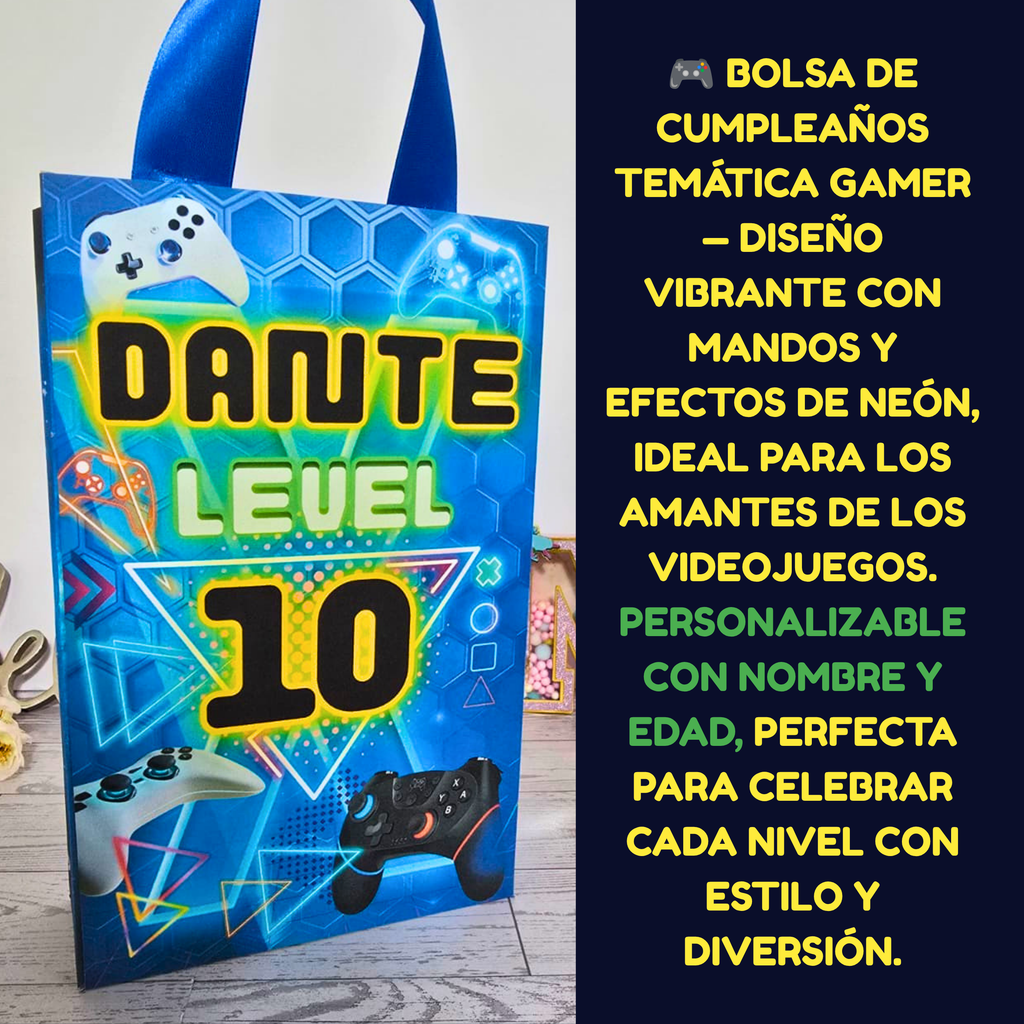12 Personalized Gamer Birthday Gift Bags with Name & Age – 8.5"x5.5" Ribbon Handles