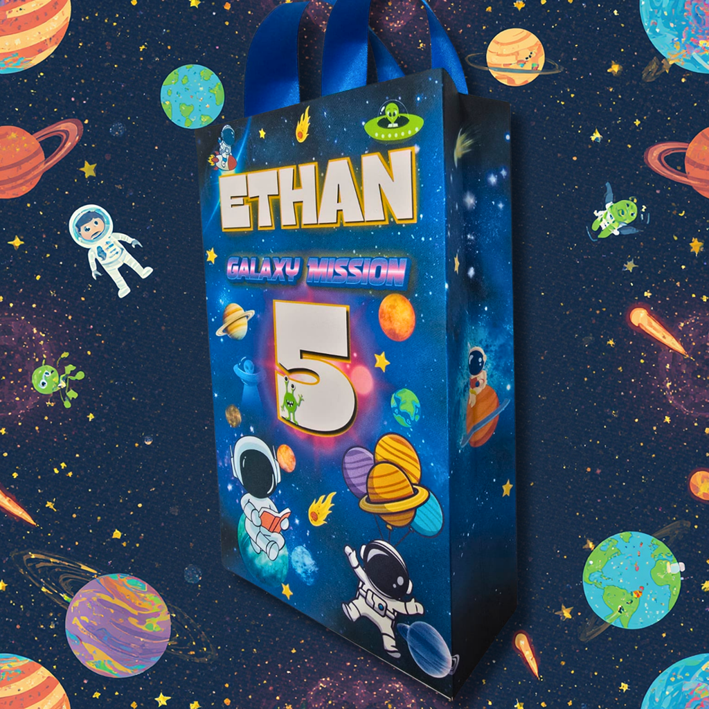 12 Personalized Outer Space Birthday Gift Bags with Name & Age – 8.5"x5.5" Ribbon Handles