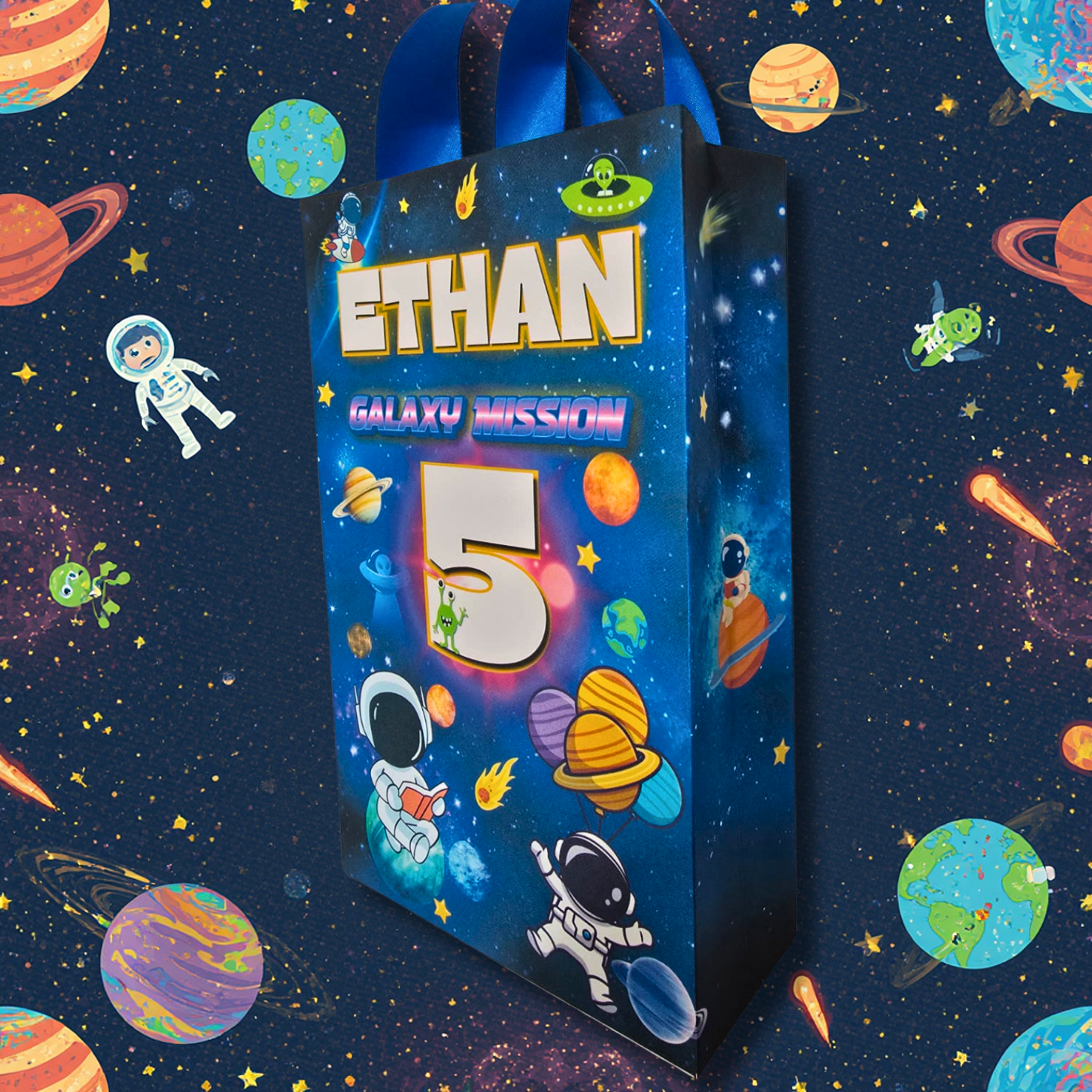 12 Personalized Outer Space Birthday Gift Bags with Name & Age – 8.5"x5.5" Ribbon Handles