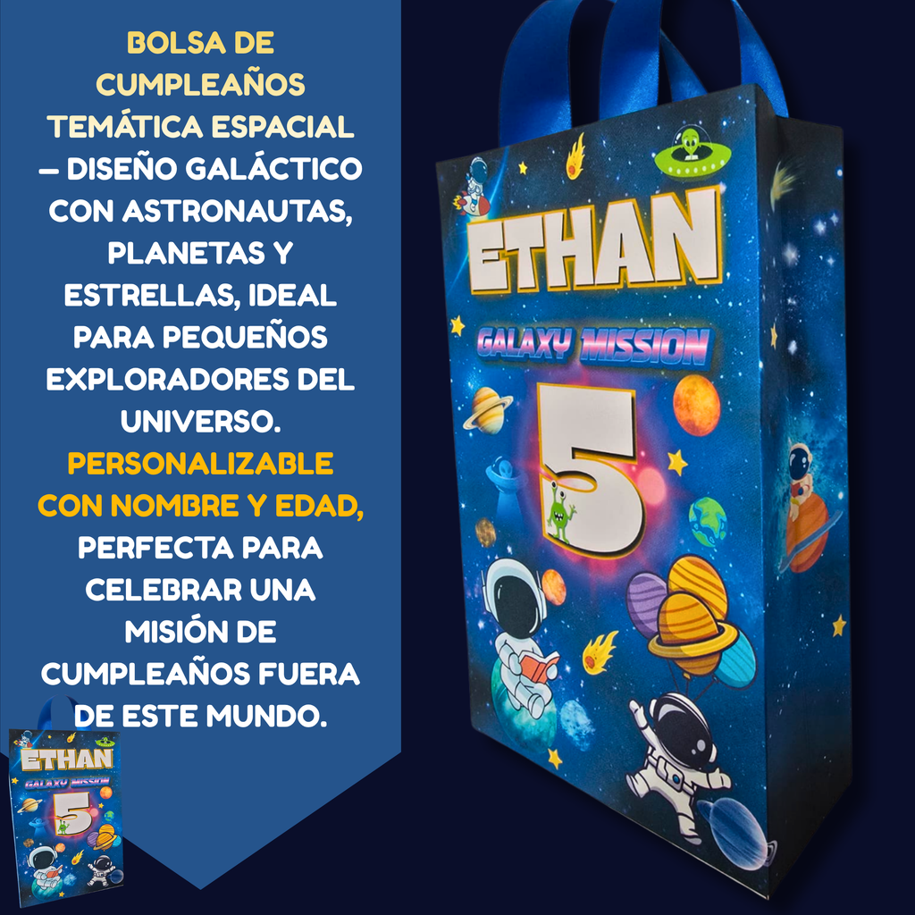 12 Personalized Outer Space Birthday Gift Bags with Name & Age – 8.5"x5.5" Ribbon Handles
