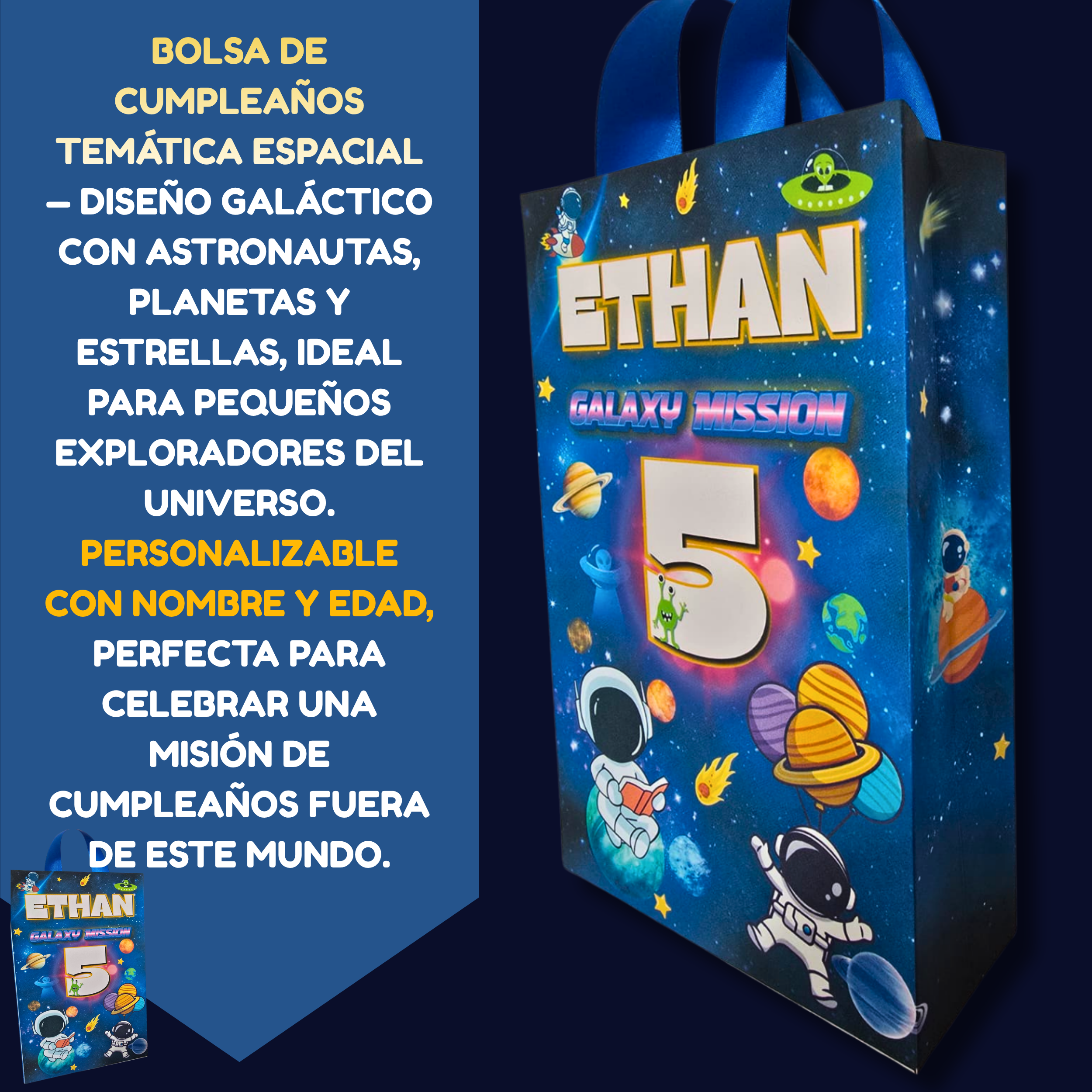 12 Personalized Outer Space Birthday Gift Bags with Name & Age – 8.5"x5.5" Ribbon Handles
