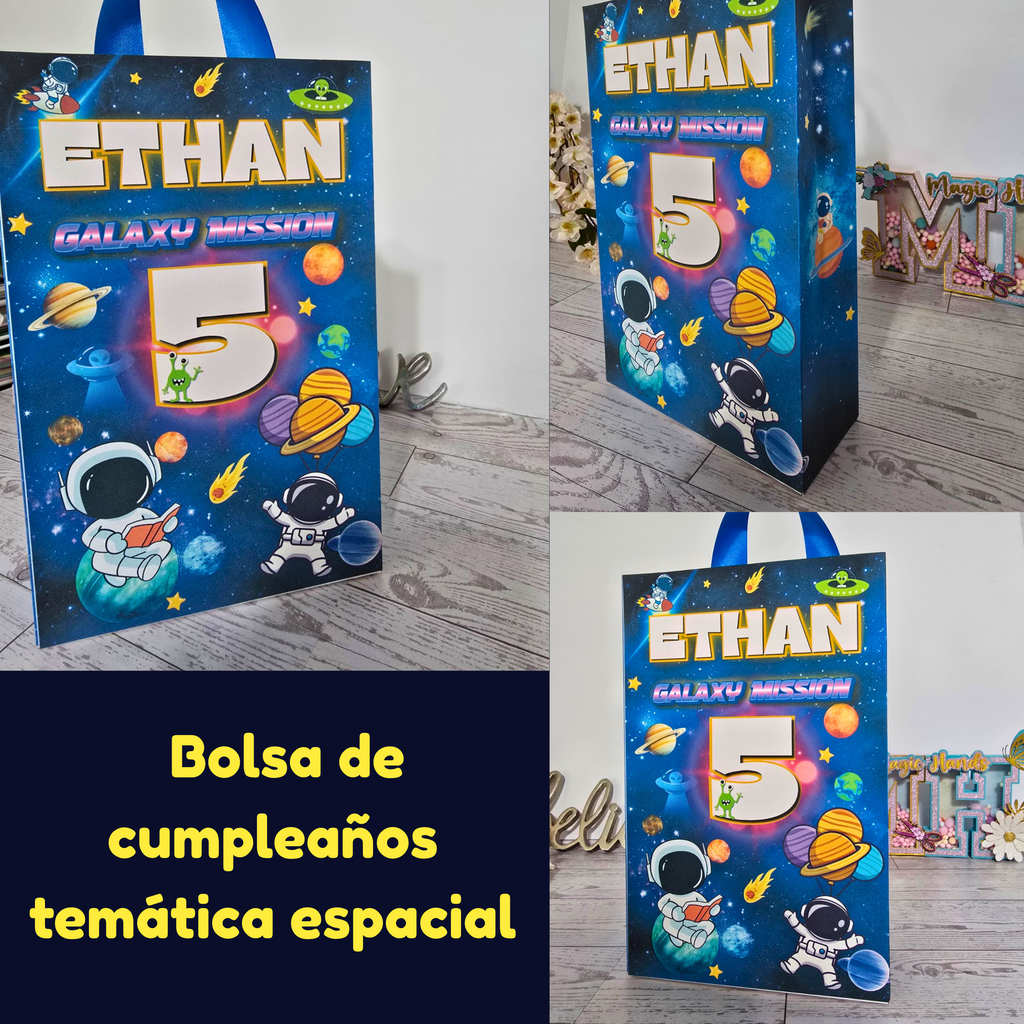 12 Personalized Outer Space Birthday Gift Bags with Name & Age – 8.5"x5.5" Ribbon Handles