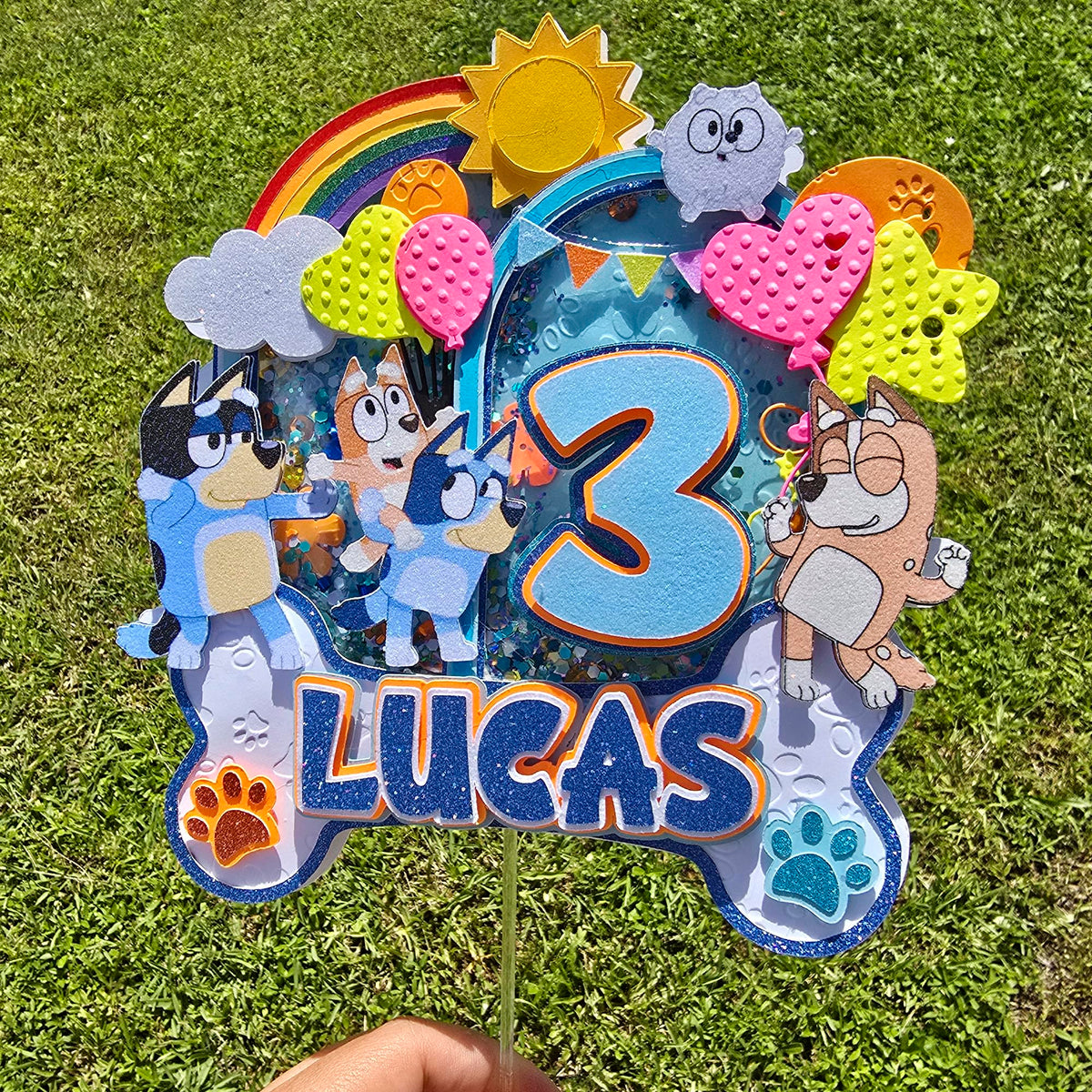 Adornos para tartas personalizados con dibujos animados de purpurina 3D para cumpleaños infantiles