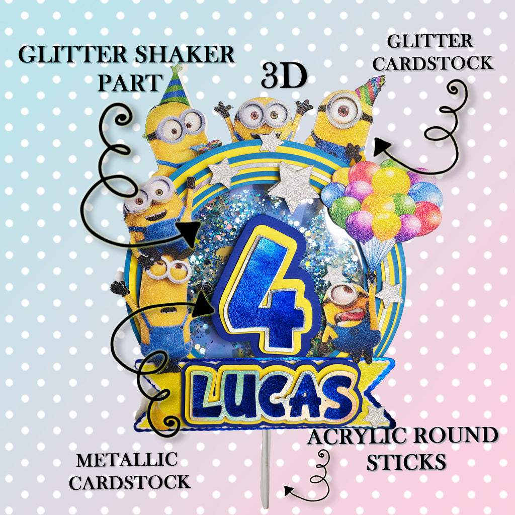 Personalized 3D Glitter Cartoon Cake Topper MINNIONS