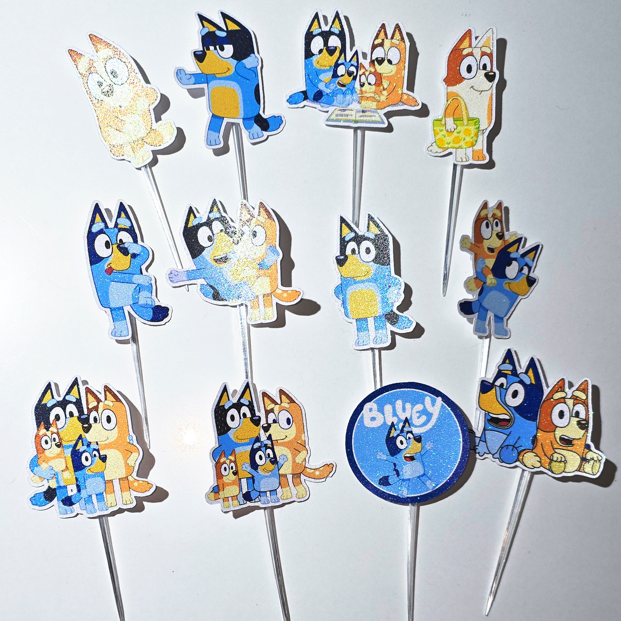 24 Pcs Glitter Cupcake Toppers. 12 Design Bluey Cupcake Toppers. Food Decoration, Picks for Party Supplies (Copy)