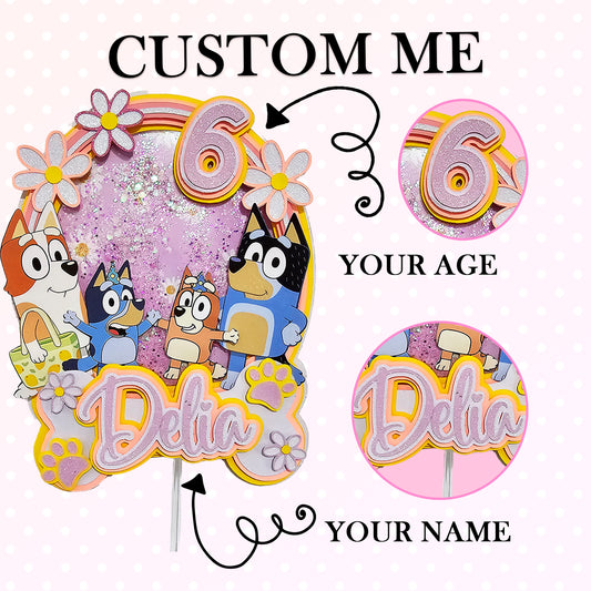Personalized 3D Glitter Cartoon Cake Topper (BLUEY ROSA)
