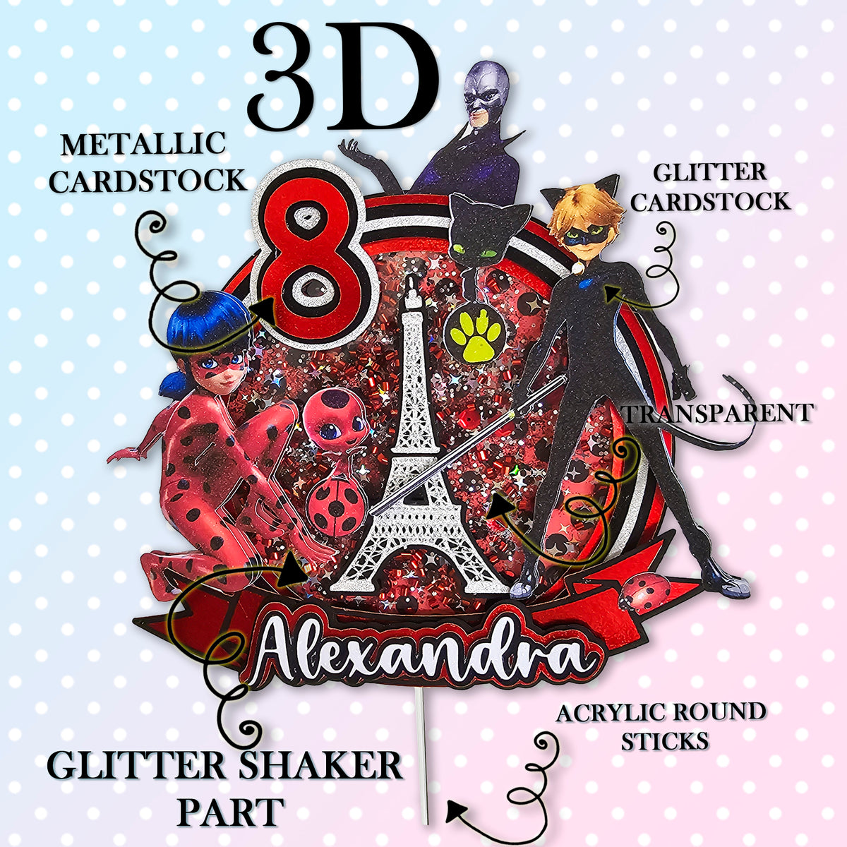 Personalized 3D Glitter Cake Topper (LADY BUG)