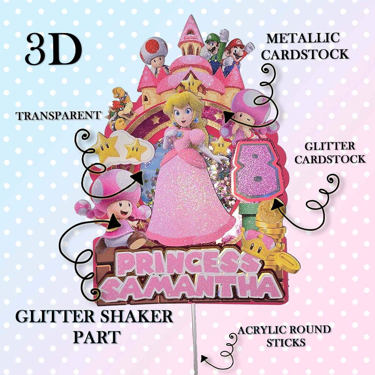 Adorno para tarta de dibujos animados con purpurina 3D personalizado de PRINCESS PEACH