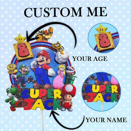 Adorno para tarta de dibujos animados con purpurina 3D personalizado de SUPER MARIO