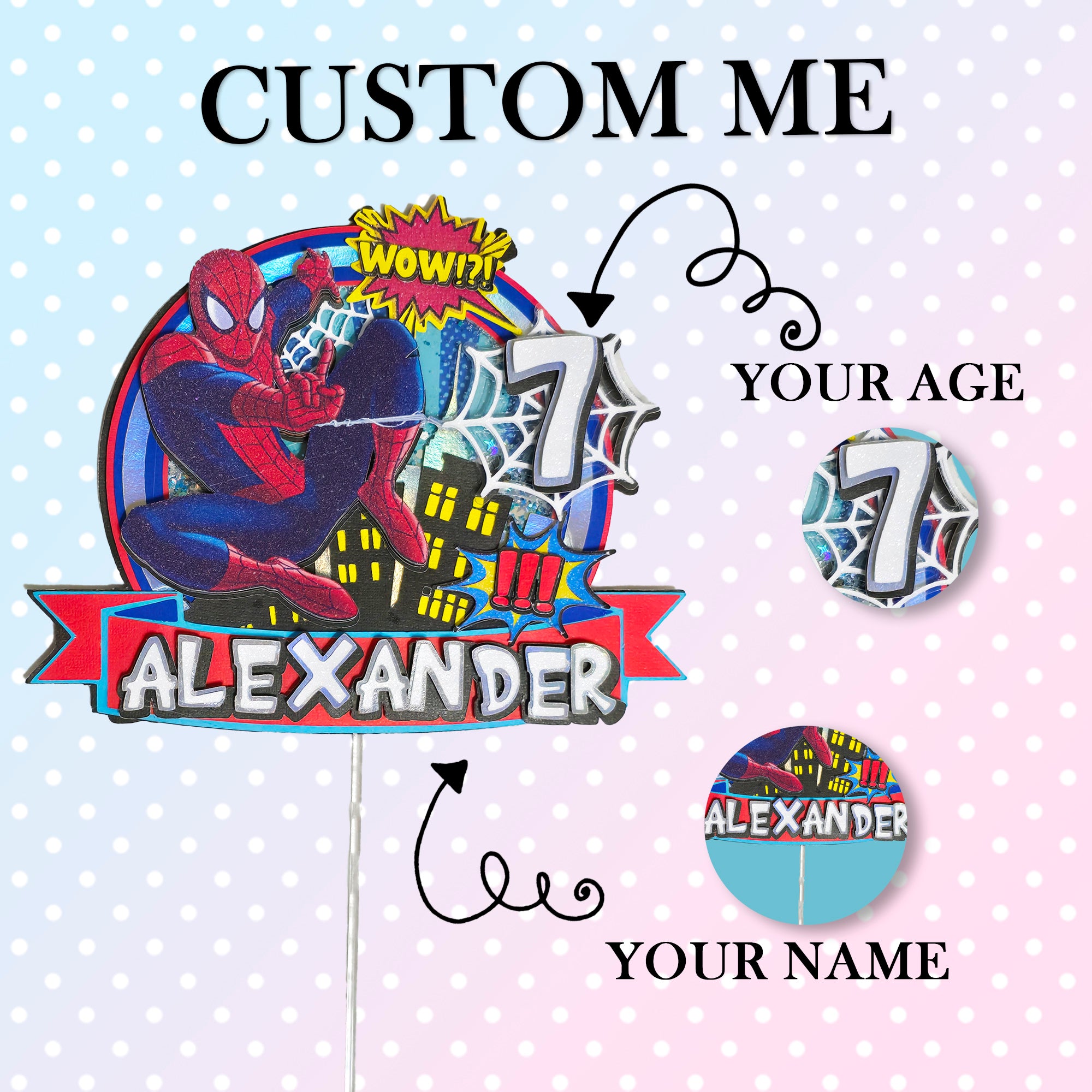 Personalized 3D Glitter Cartoon Cake Topper spiderman