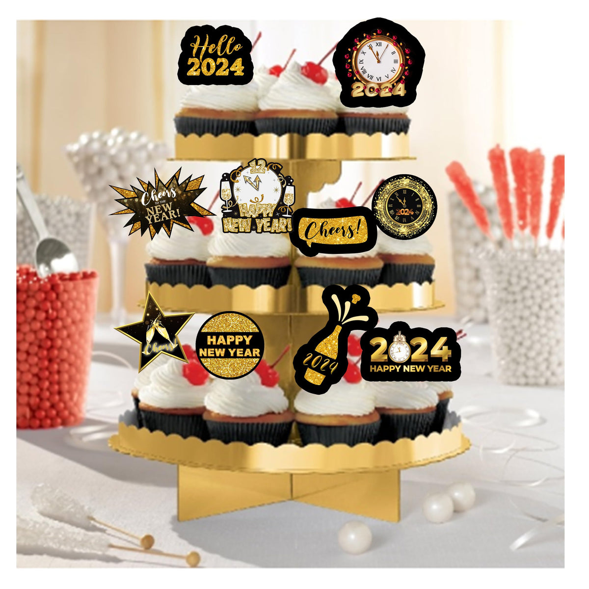 24 adornos para cupcakes de Año Nuevo 2024 con purpurina, adornos negros y dorados para fiestas de Hola 2024, suministros para recuerdos de fiesta de Nochevieja.