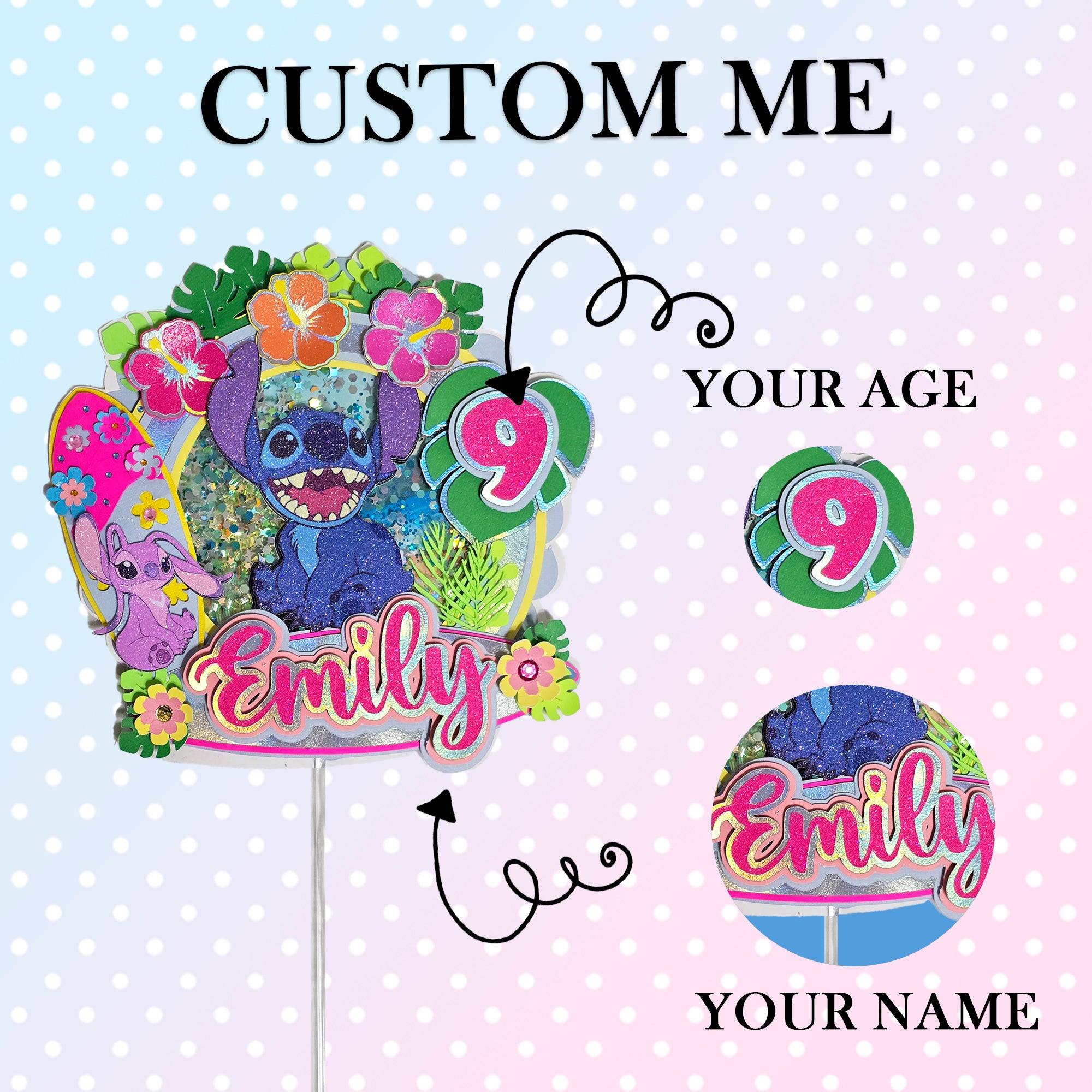 Personalized 3D Glitter Cartoon Cake Topper STICH 1